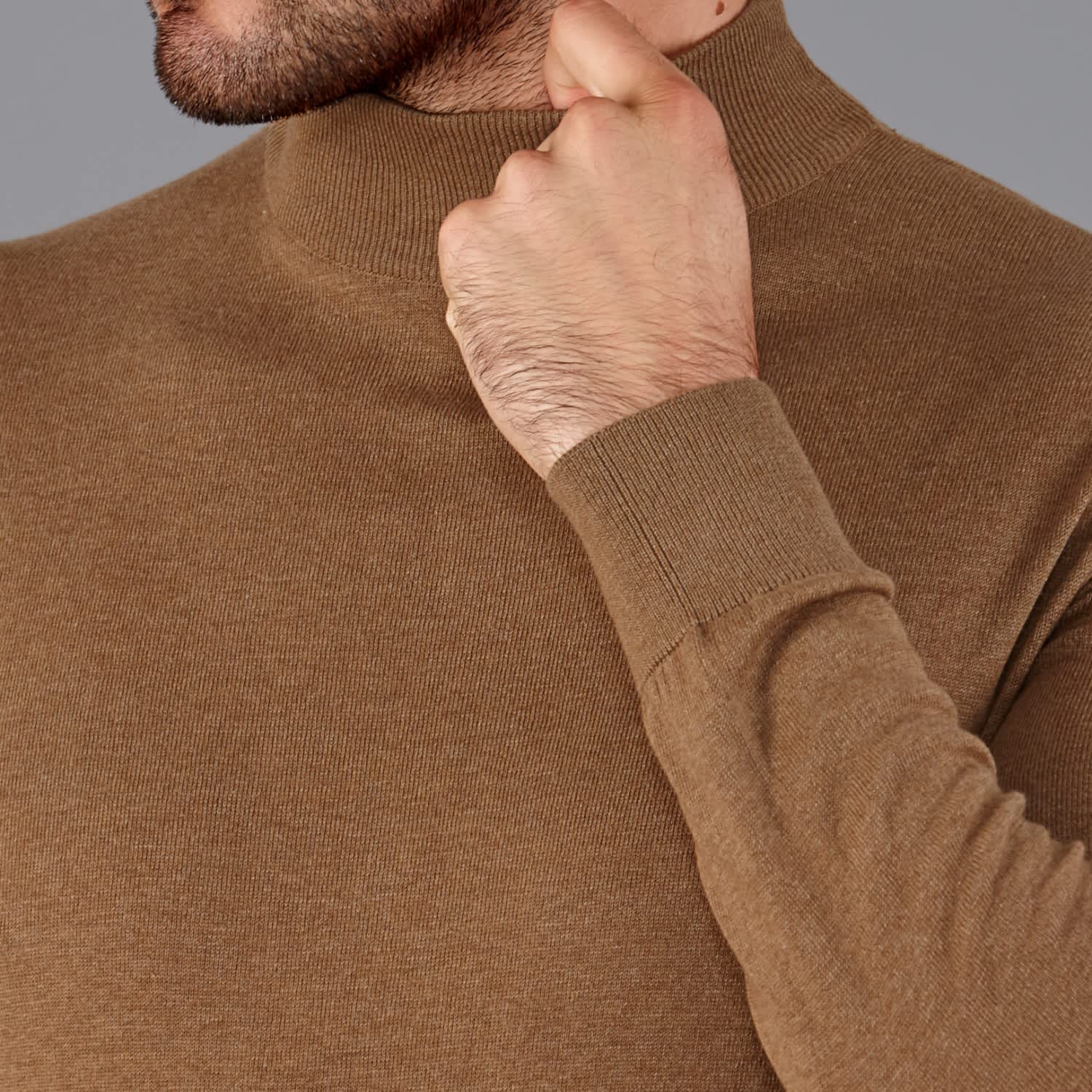 Mens Ultra Fine Cotton Mock Turtle Neck Spencer Jumper - Camel by Paul  James Knitwear