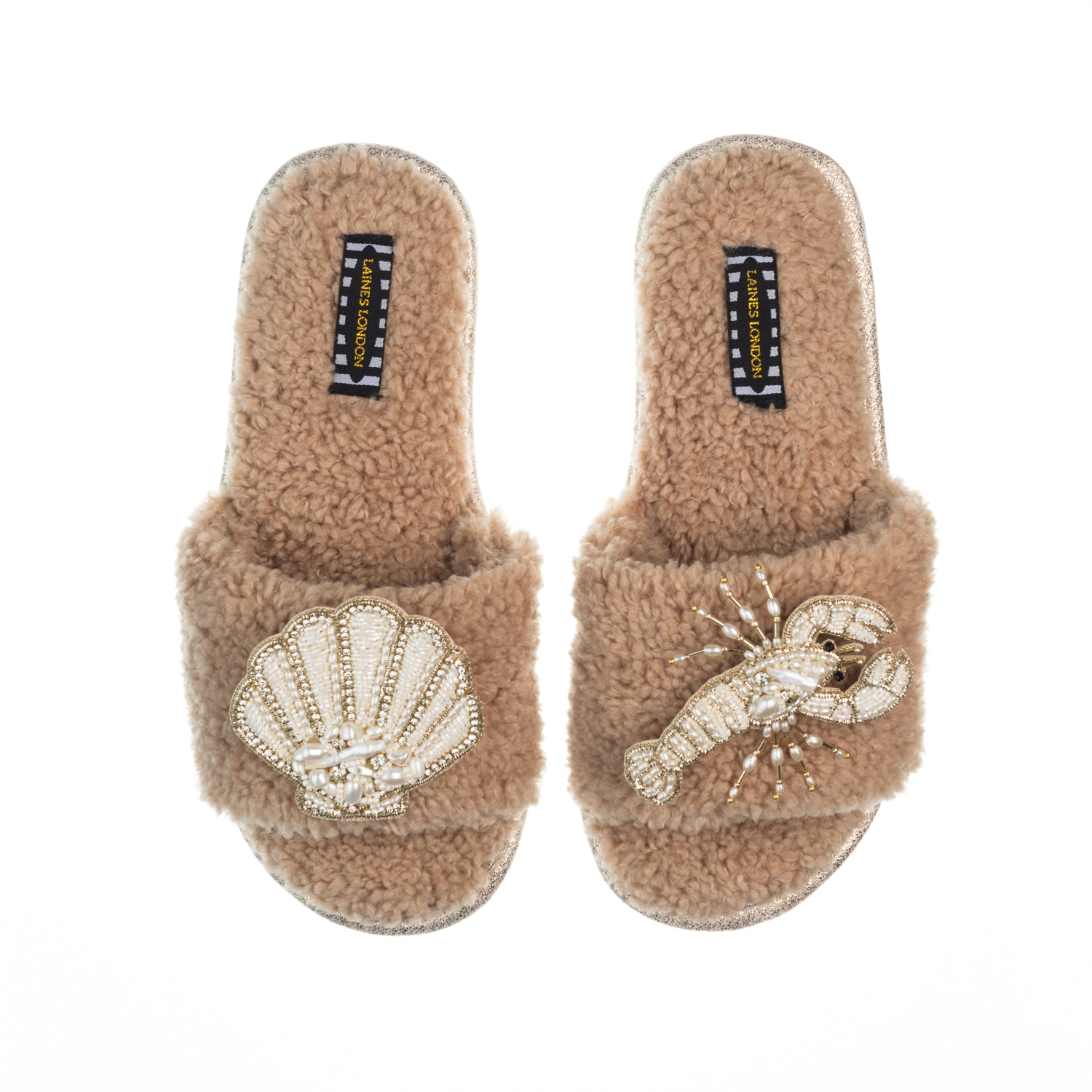 Laines London Women's Brown Teddy Toweling Slipper Sliders With Beaded Shell & Lobster Brooches - Toffee