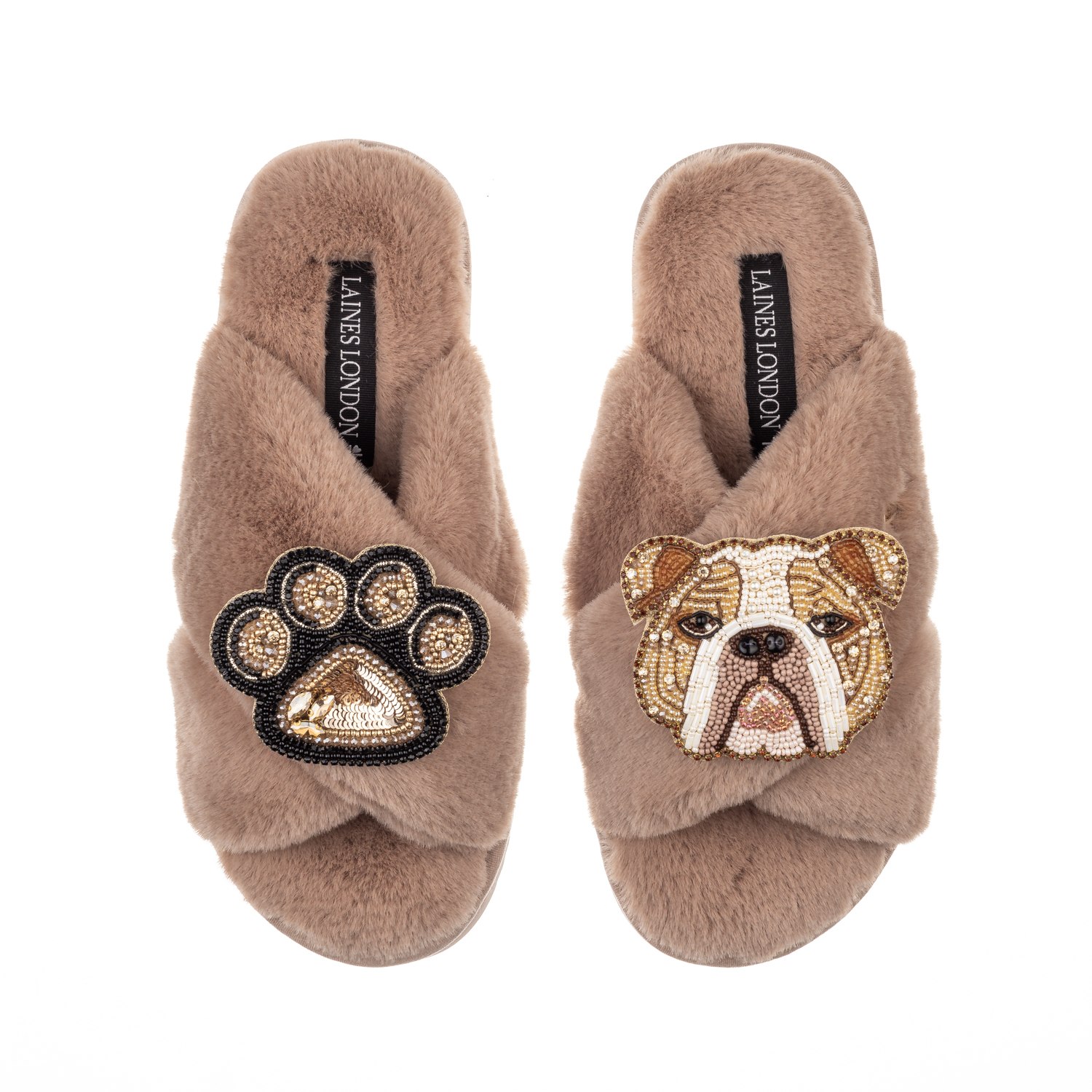 Laines London Women's Brown Classic Laines Slippers With Mr Beefy The Bulldog & Paw Brooches - Toffee In Brown