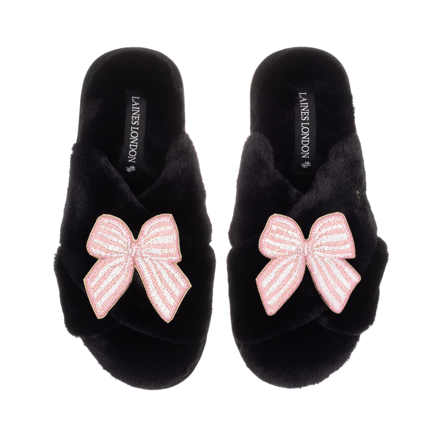 Laines London Women's Classic Laines Slippers With Pink Stripe Bow Brooches - Black In Black