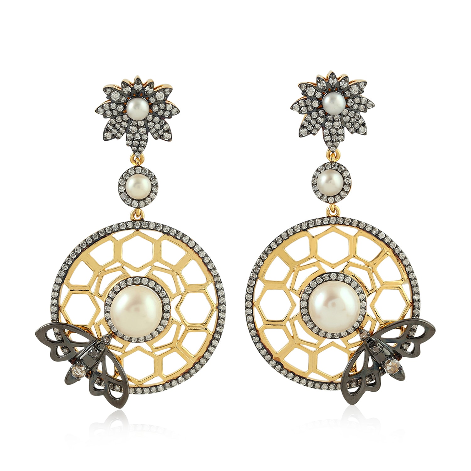 Women’s Gold / White Bezel Set Pearl & Pave Natural Diamond In 18K Gold Honeycomb Honey Bee Dangle Earrings Artisan