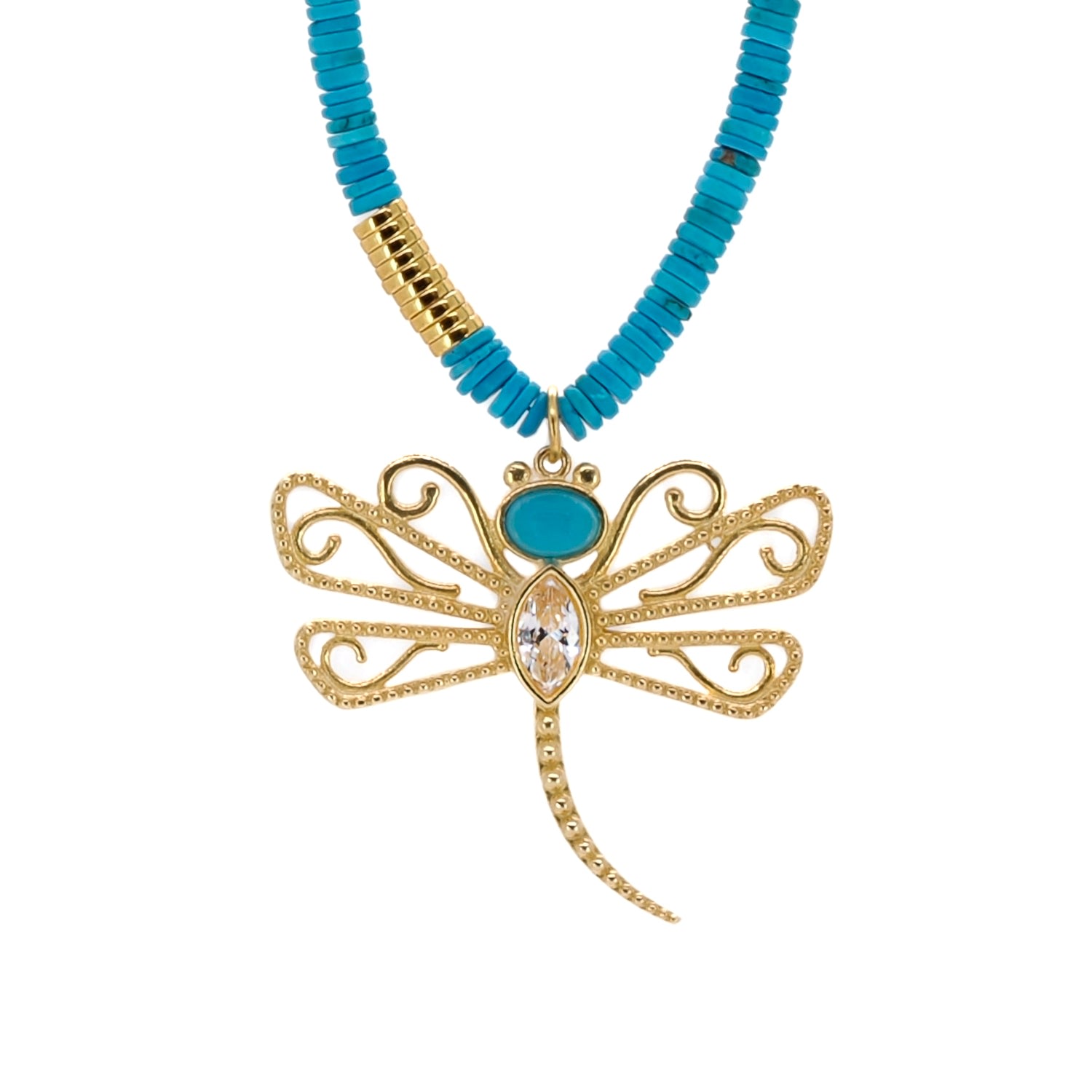 Women’s Gold / Blue Turquoise Beaded Gold Spiritual Dragonfly Pendant Necklace - Gold Ebru Jewelry