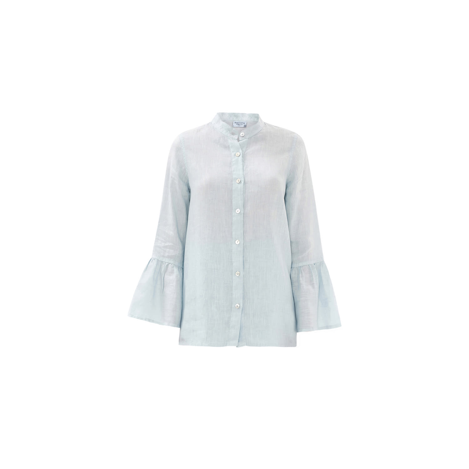 Haris Cotton Women's Blue Mandarin Neck Linen Shirt With Ruffle Sleeves - Ocean Air