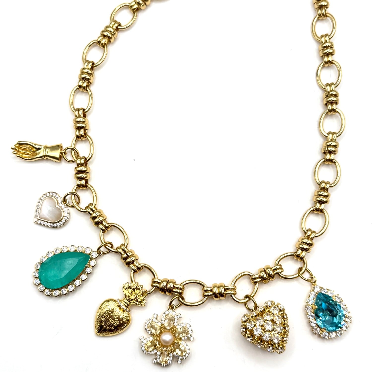 Women's Gold / Blue / Green Aquamarine Crystal & Turquoise Cat Eye Charm Necklace | Achala Handcrafted