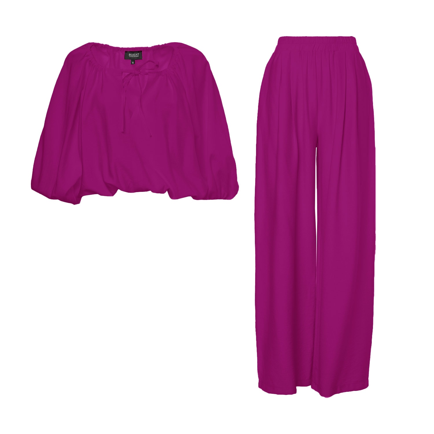 Bluzat Pink / Purple Fuchsia Linen Matching Set With Flowy Blouse And Wide Leg Trousers In Pink/purple