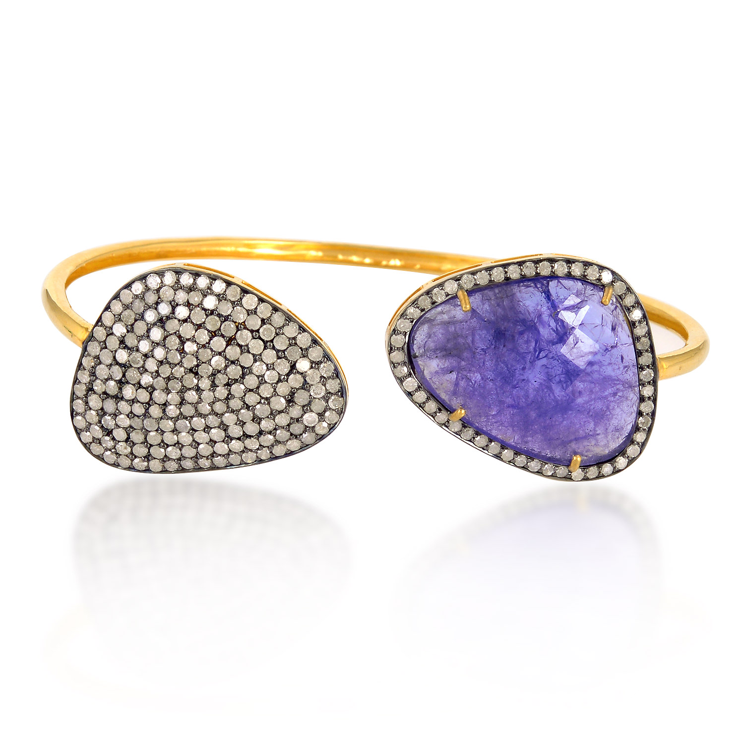 Women’s Gold / Blue Triangle Tanzanite & Pave Diamond In 18K Gold With 925 Silver Cuff Bracelet Bangle Artisan