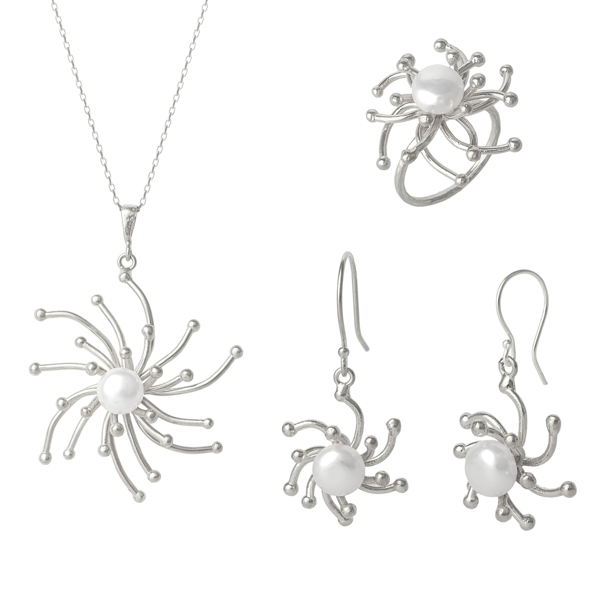 Women’s Pearl Sun Molten Dripping Sunburst Sterling Silver Complete Set Ring Necklace & Earring - Silver Spero London
