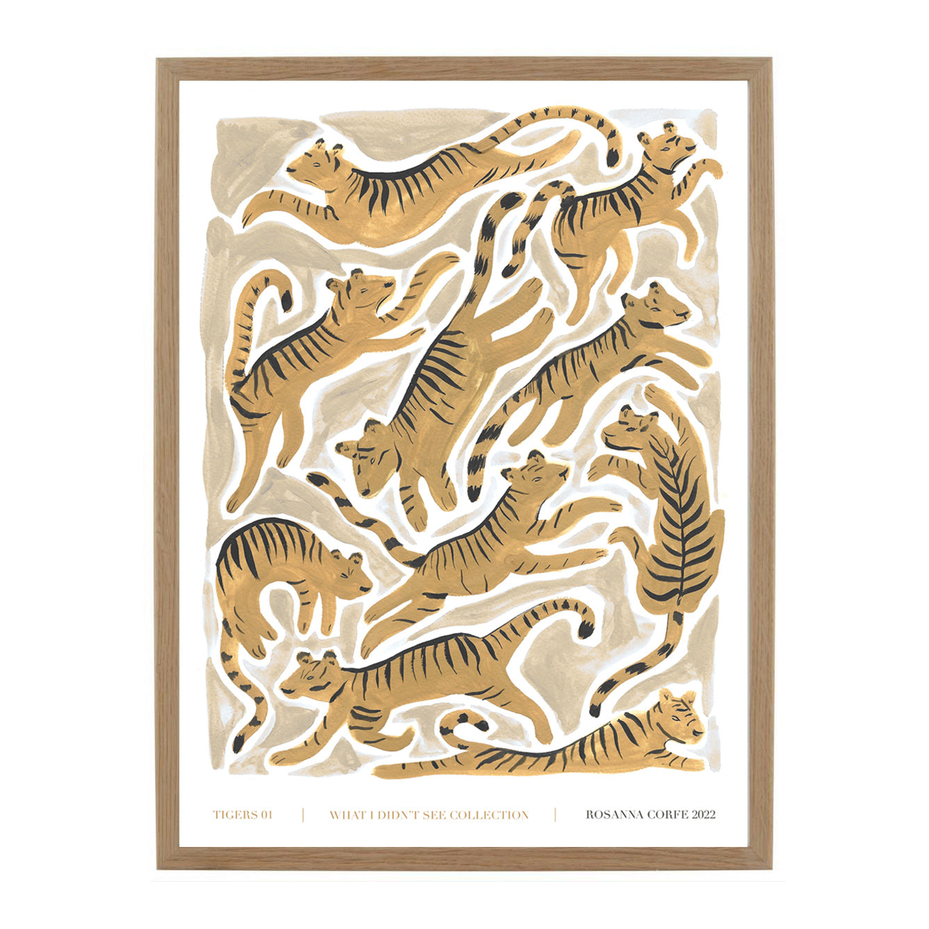 Rosanna Corfe Brown / White / Yellow A3 Tigers Art Print In Brown/white/yellow