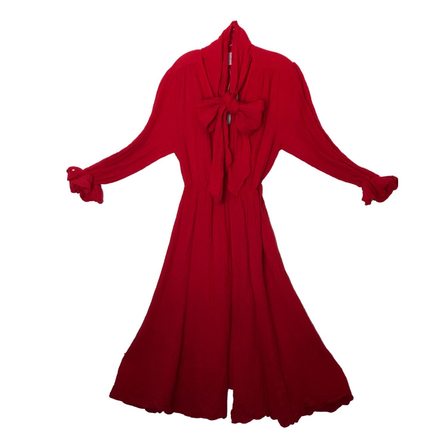 Women's Red Gauze Pussy Bow Dress | Small | Monica Mahoney