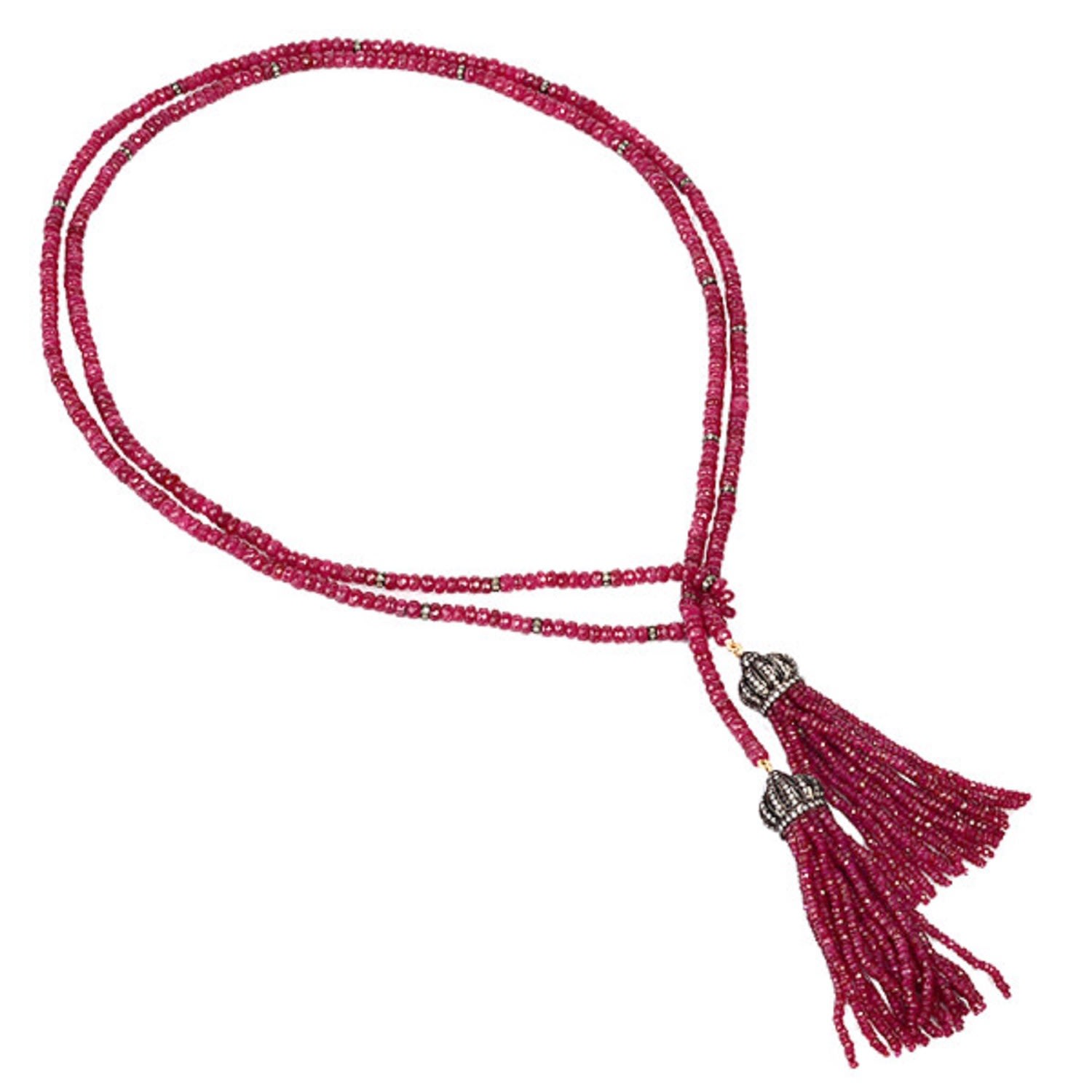 Women’s White / Pink / Purple Ruby Beads Lariat Necklace Diamond Gold Sterling Silver Tassel Jewelry Artisan