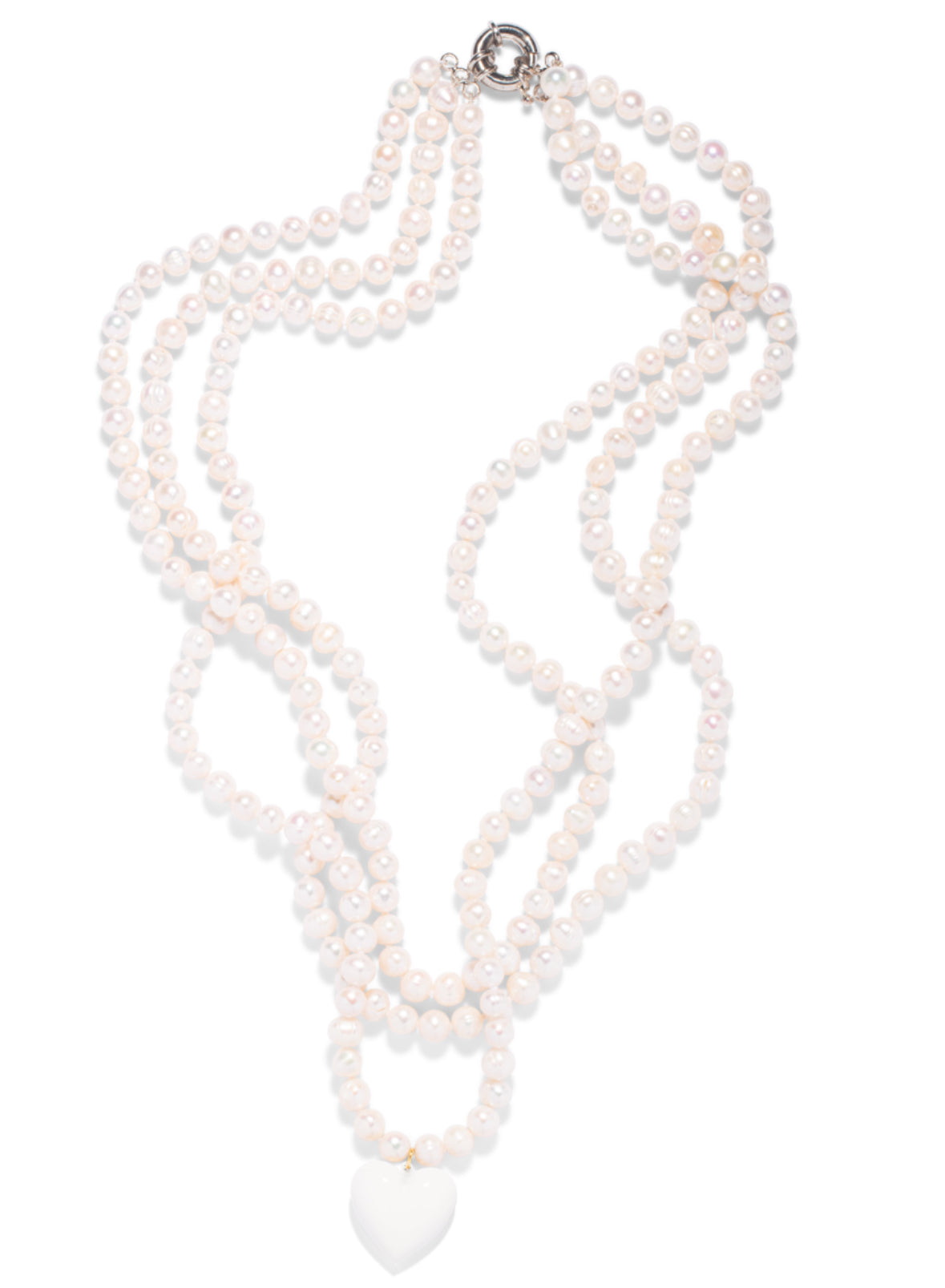 The Pink Reef Women's  Triple Strand Pearl Necklace With White Heart