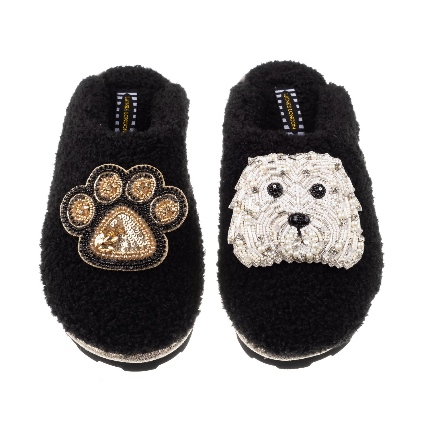 Laines London Women's Teddy Towelling Closed Toe Slippers With Queenie & Paw Brooch - Black In Black