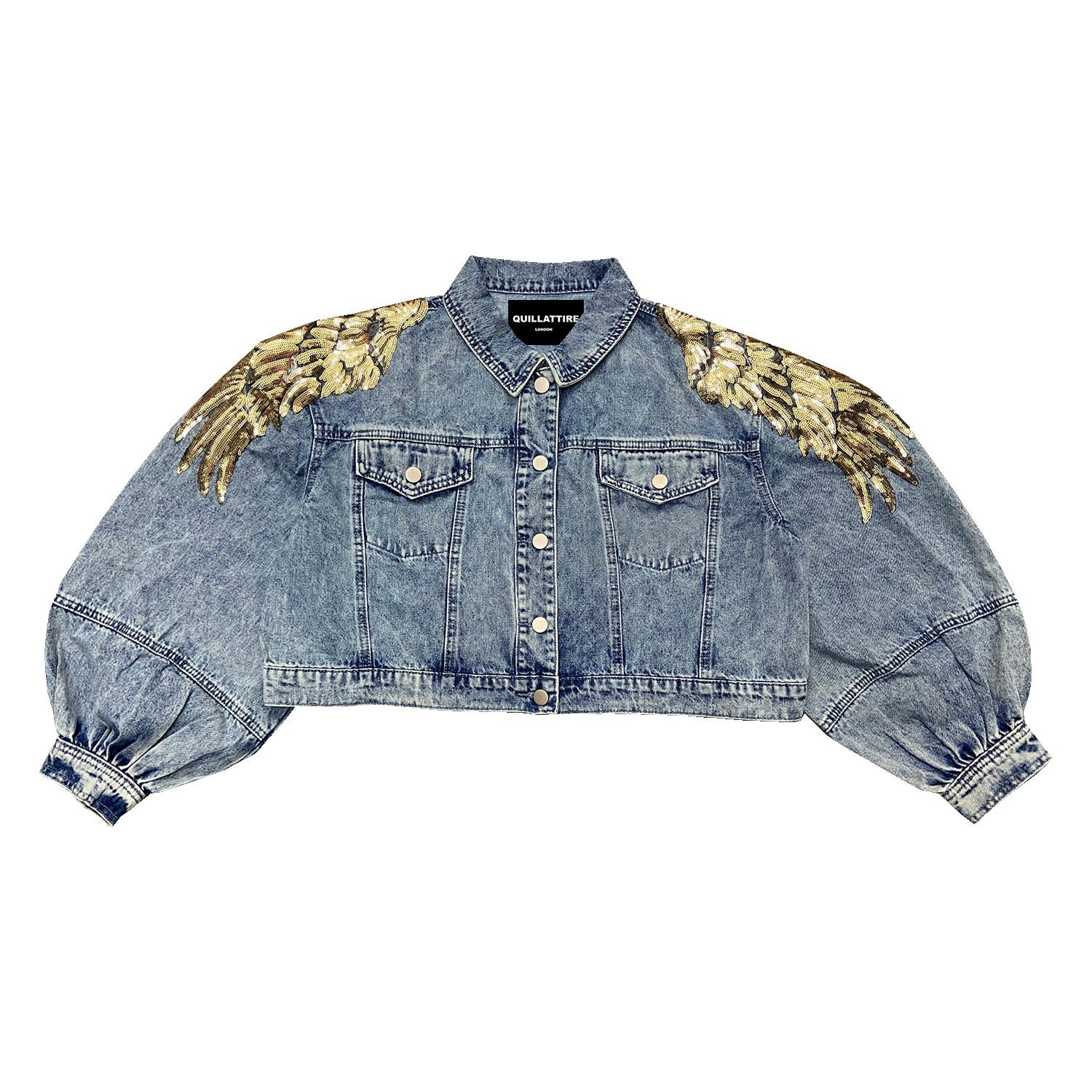 Silver Sequin Wing Blue Denim Jacket | Quillattire | Wolf & Badger