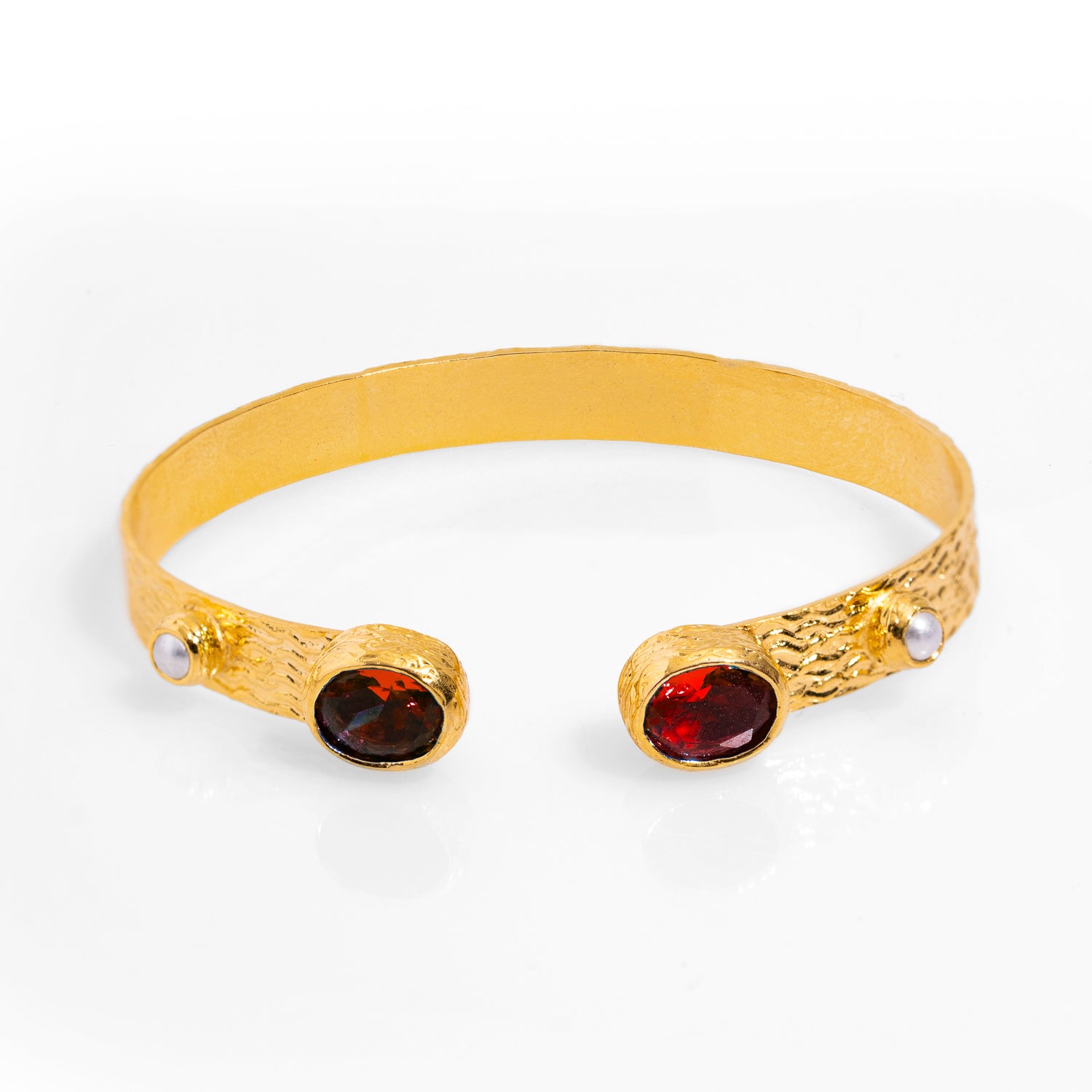Ebru Jewelry Women's Gold / Red Cleopatra Ruby & Pearl Adjustable Gold Cuff Bracelet - Red