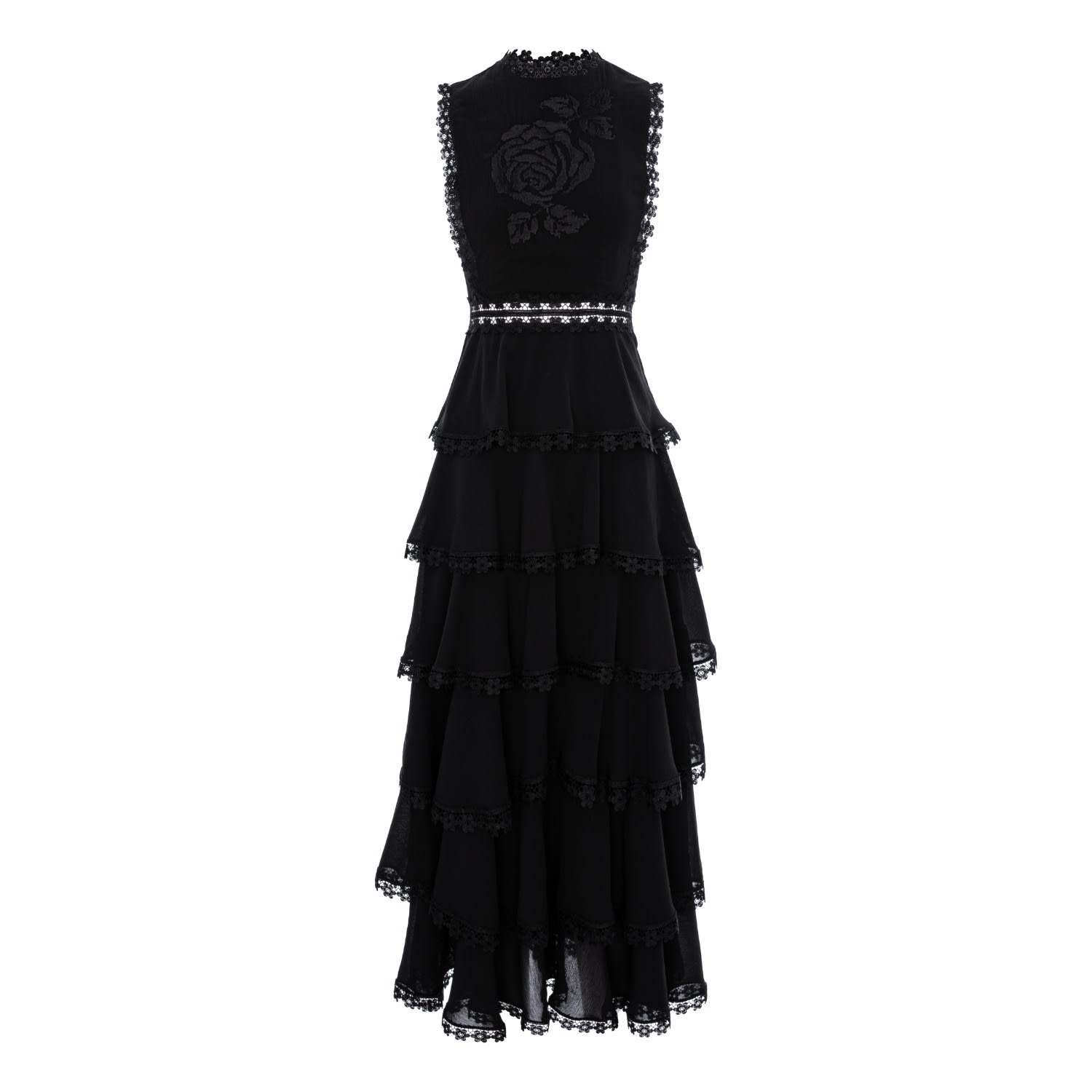 Izabela Mandoiu Women's Long Black Ruffle Dress With Lace And Floral Motif In Black