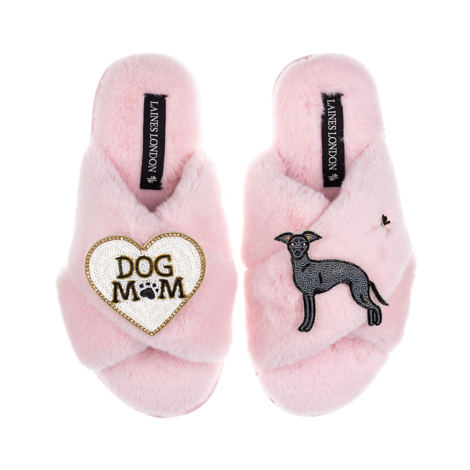 Laines London Women's Classic Laines Slippers With Dog Mum/mom & Blue Italian Greyhound Brooches - Pink In Multi
