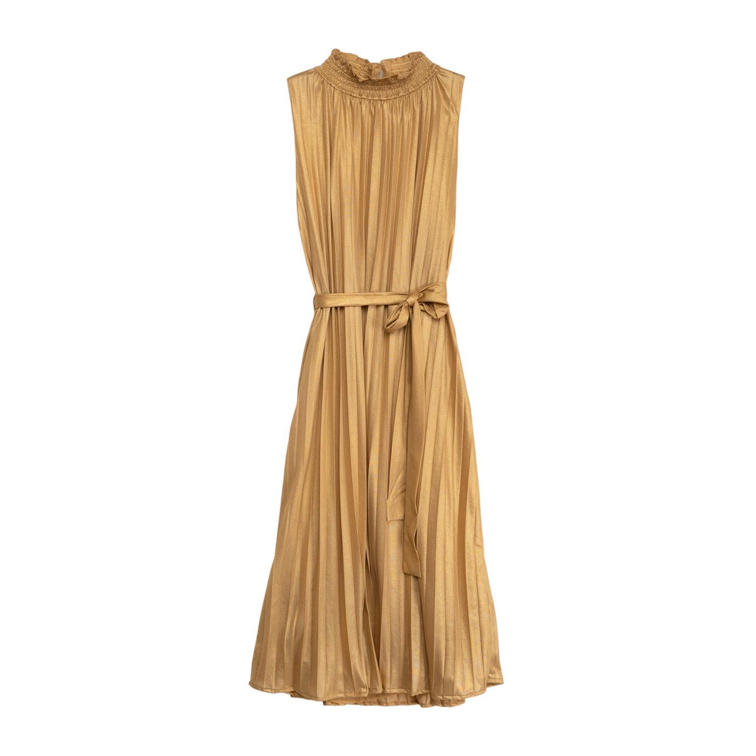 Pleated Metallic Midi Dress Gold | NIZA | Wolf & Badger