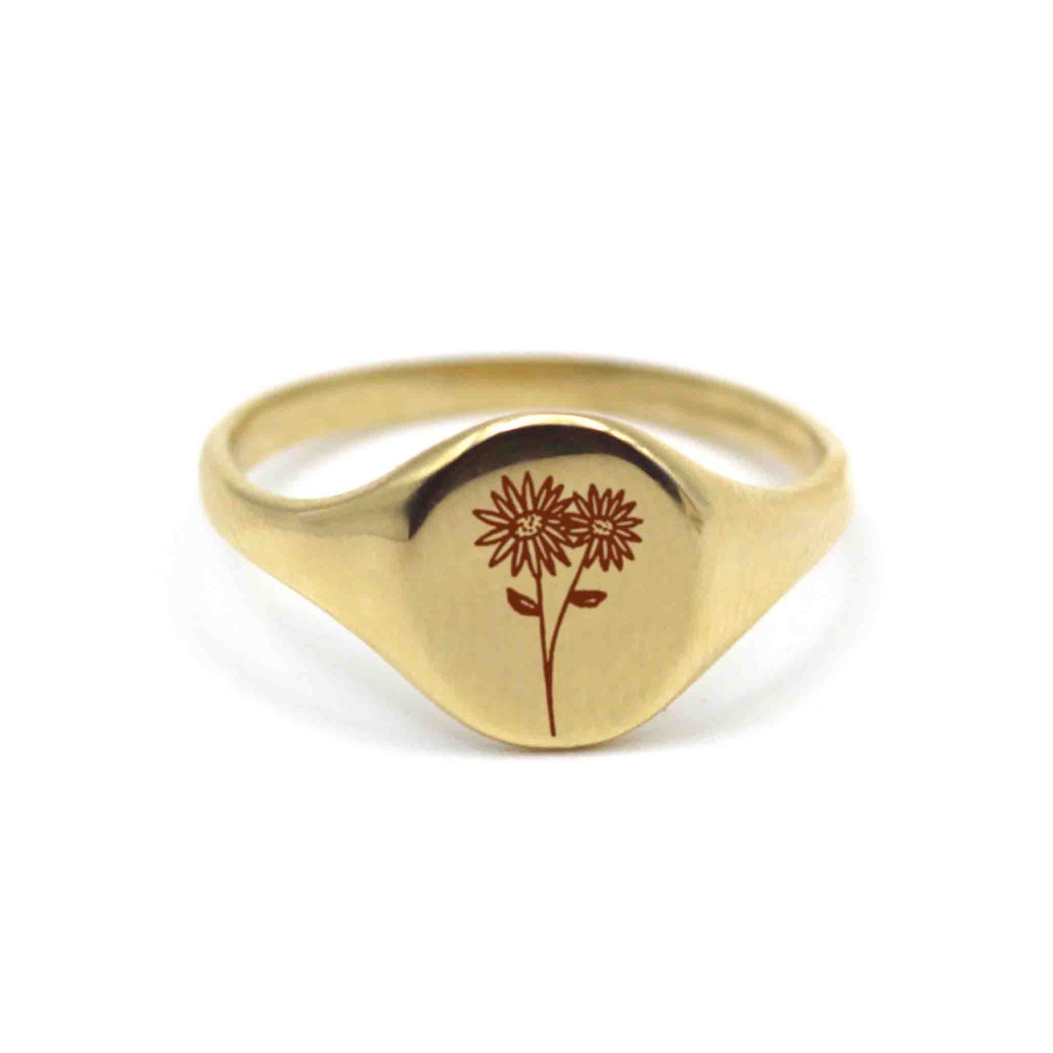 Women’s Daisy Flower Engraving Signet Gold Ring Vicstonenyc Fine Jewelry