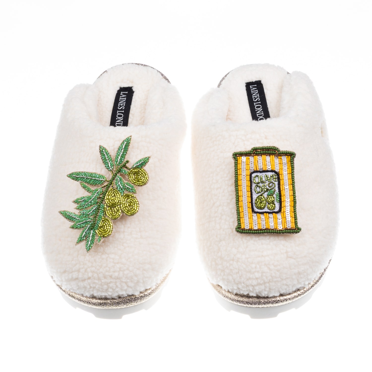 Laines London Women's Neutrals / White Teddy Closed Toe Slippers With Olives & Olive Oil Brooches - Cream In White