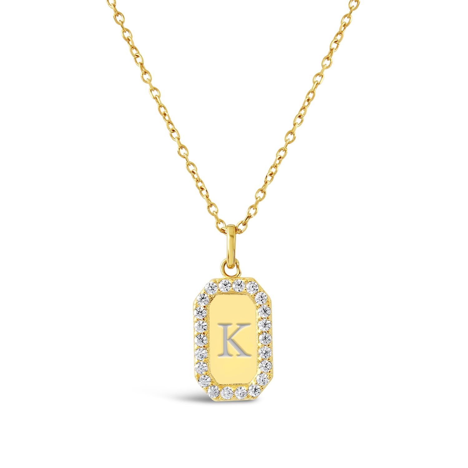 Women’s Mini Tag 18K Gold Vermeil Crystal Necklace - Minimal Initial Engraving Lucky Eleven