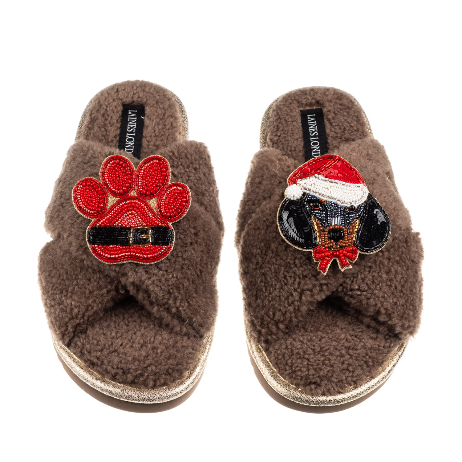 Laines London Women's Brown / Neutrals Laines Boucle Slippers With Christmas Dachshund & Paw Brooches - Mink In Brown