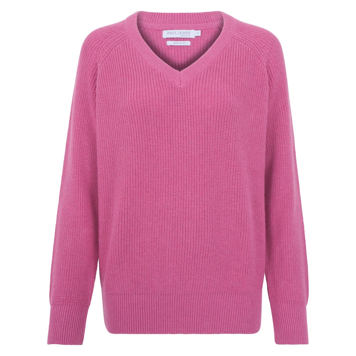 Pink / Purple Womens Cotton Tori Ribbed V Neck Jumper - Starlet Pink Large Paul James Knitwear