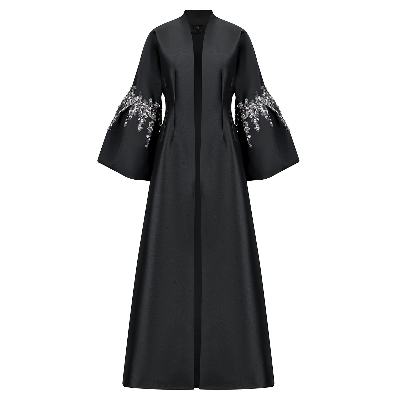 Azzalia Women's Black Mikado Abaya With Antique Grey Sequin On Bell Sleeves In Black
