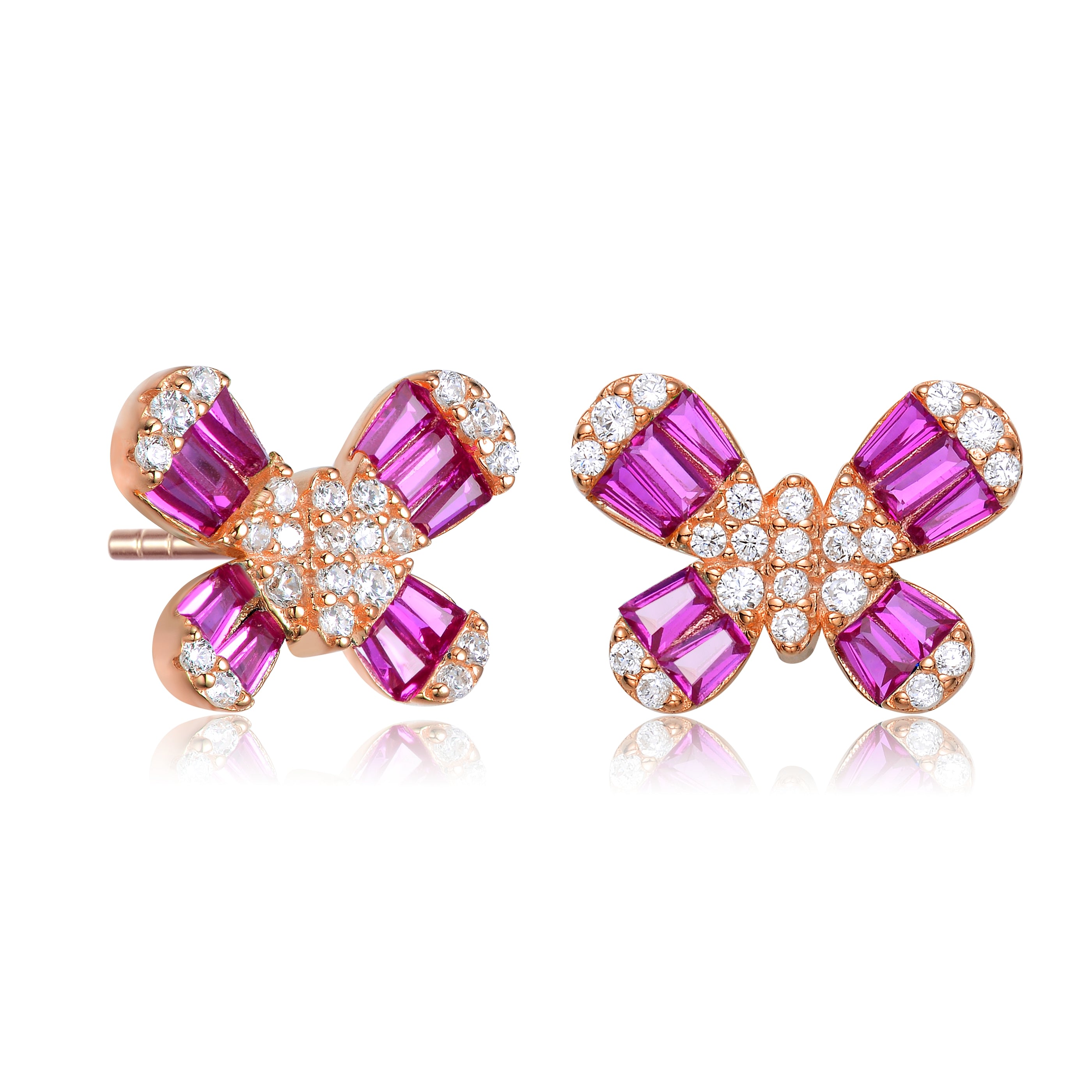 Women’s White / Rose Gold / Red Sterling Silver With Rose Gold Plated Nbaguette & Round Cubic Zirconia Butterfly Stud Earrings Genevive Jewelry