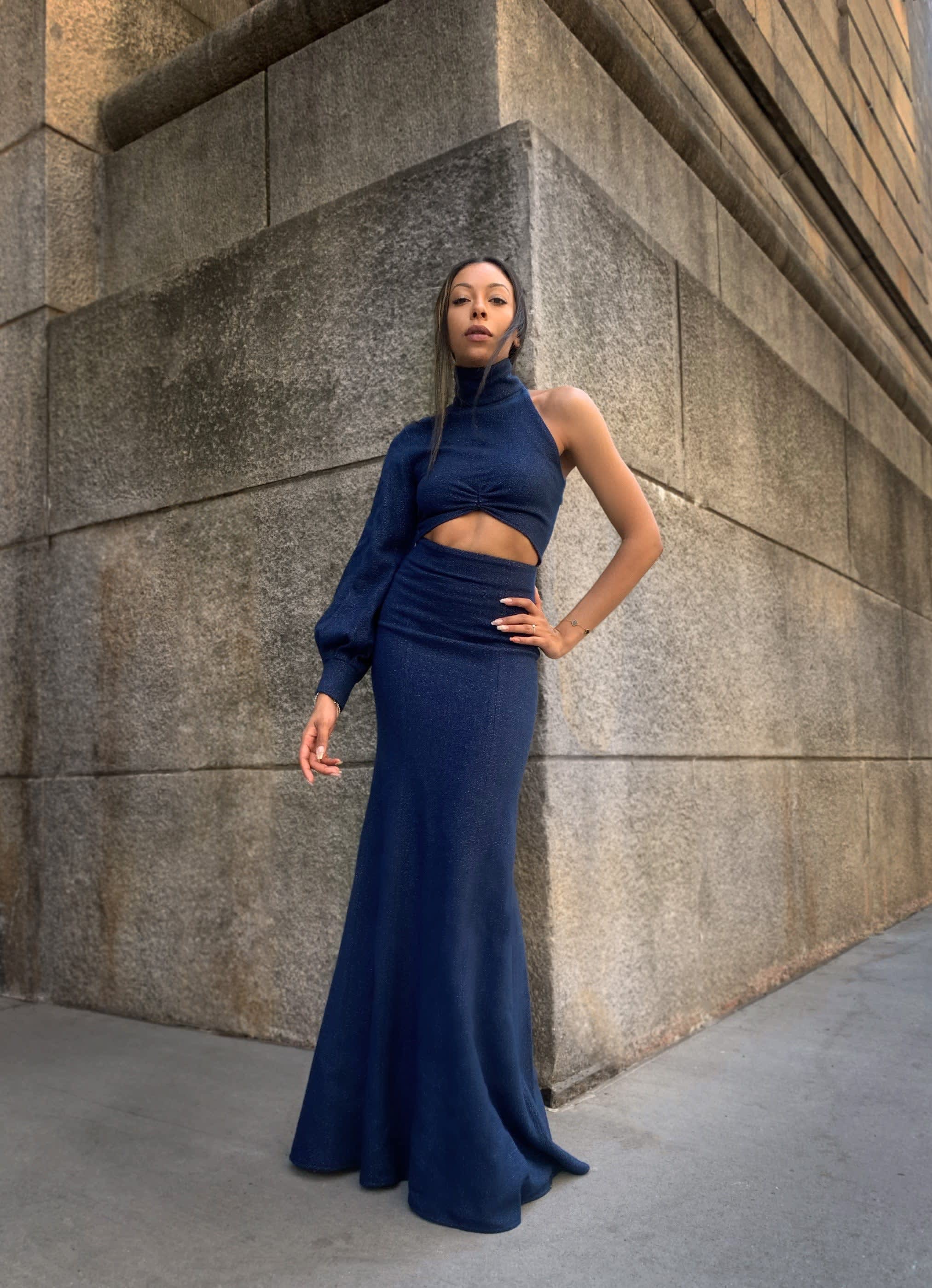 Galaxy Blue Shoulder Long Dress | ADIBA | Wolf & Badger