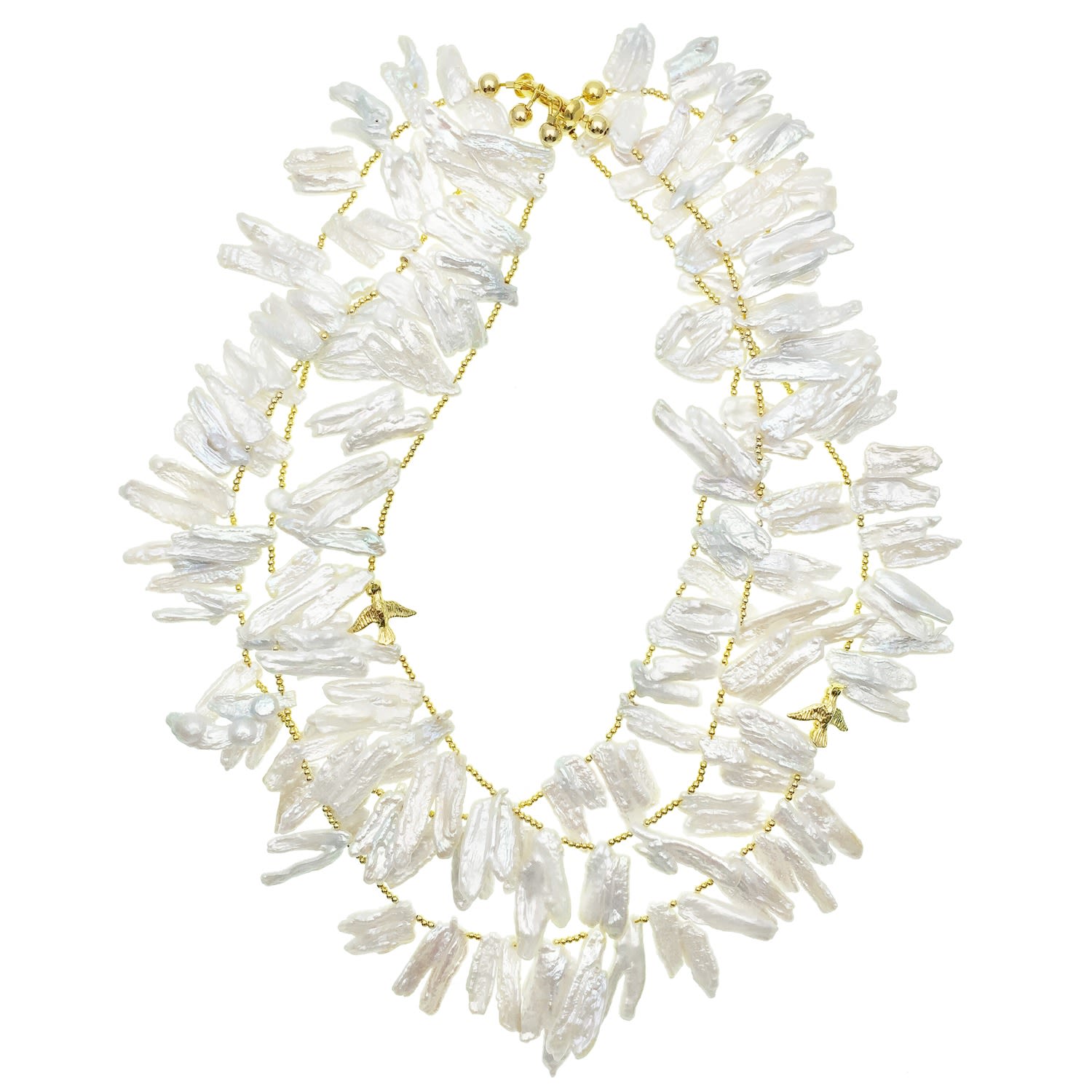 Farra Women's White Leave Shaped Freshwater Pearls Triple Strands Necklace