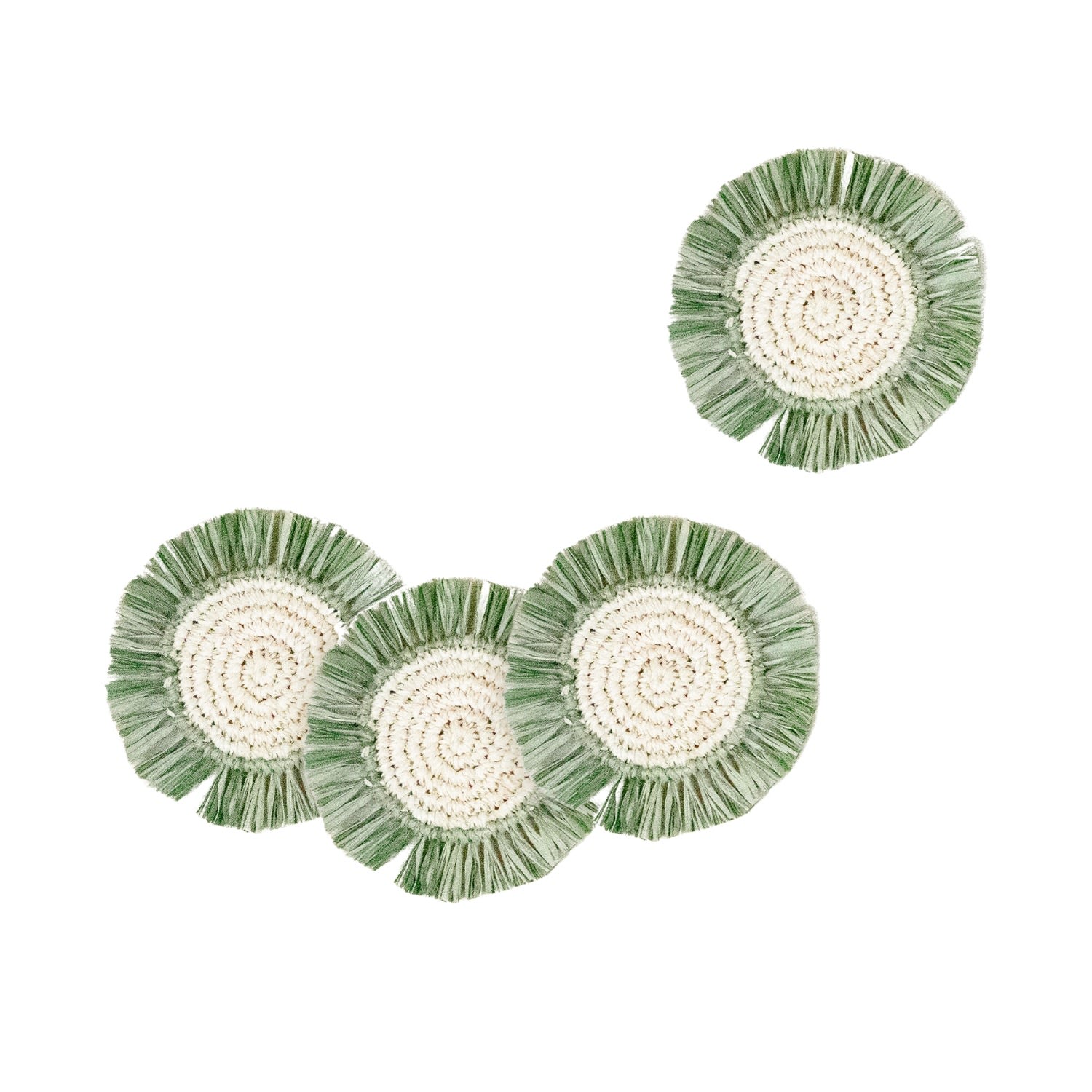 Green Set Of Four, Sage Raffia Round Crochet Coasters With Fringe Likh