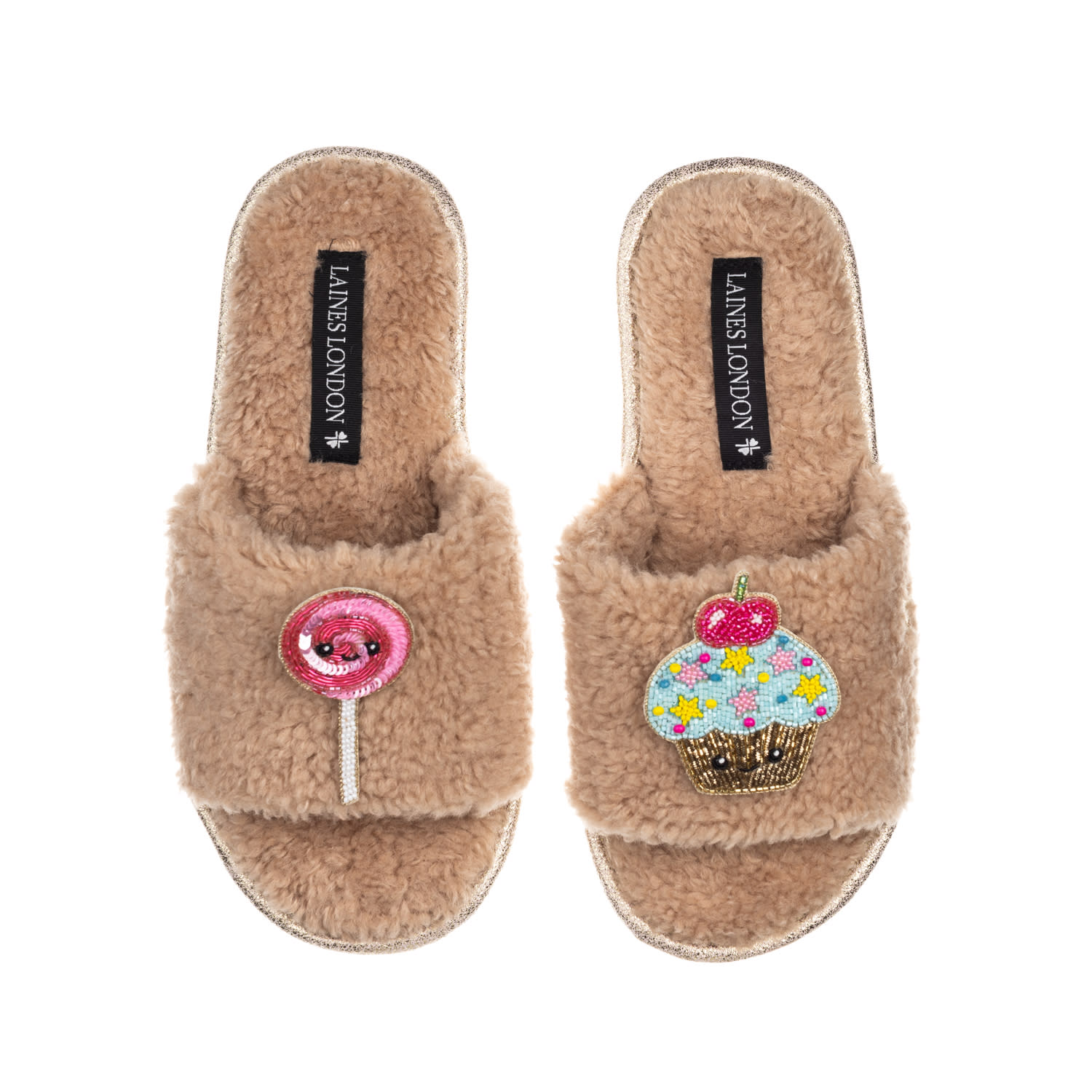 Laines London Women's Brown Teddy Slider Slippers With Laines Loveables Lollipop & Cupcake Brooches - Toffee In Brown
