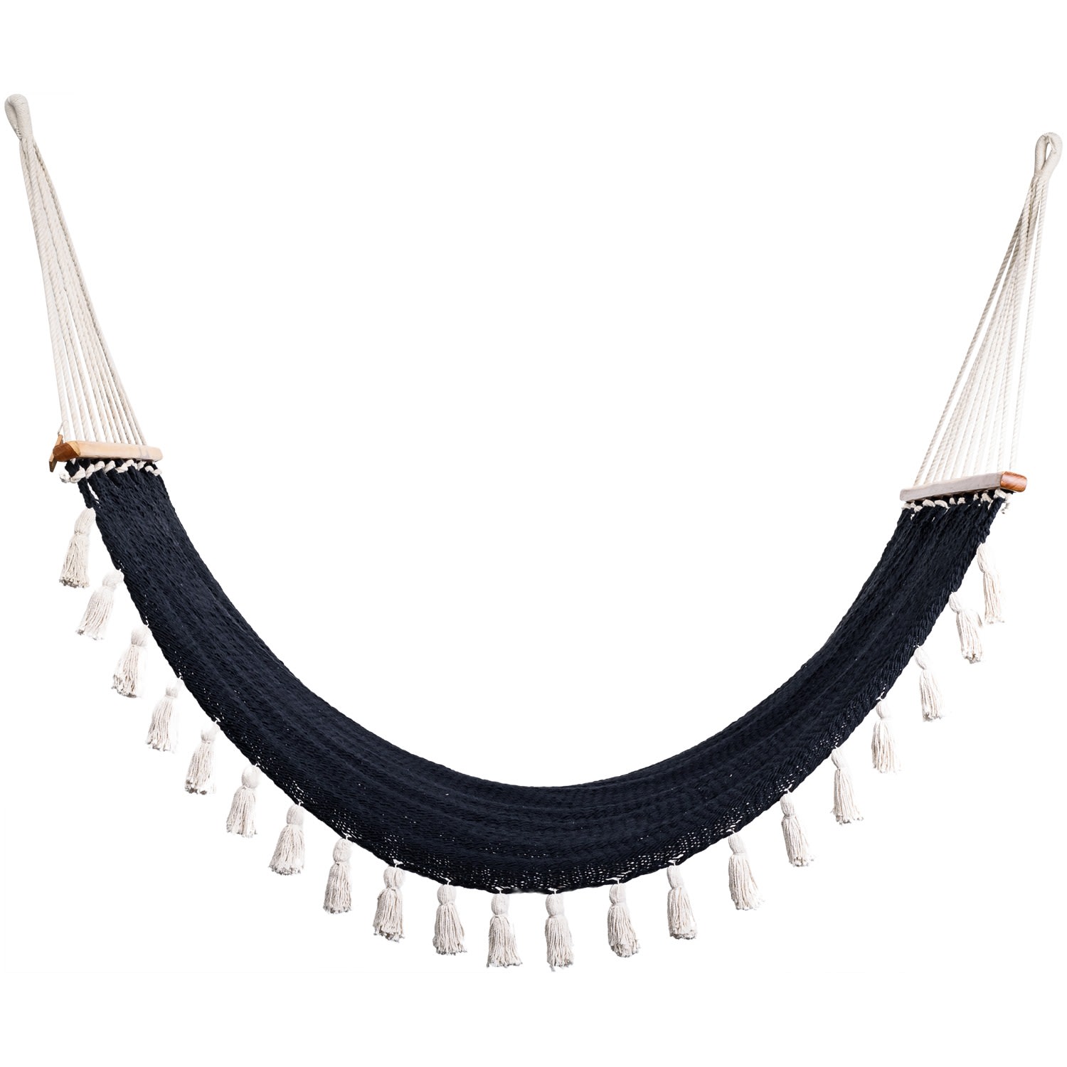 Boho Black Cotton Hammock With Tassels Wooden Bar Artissanos