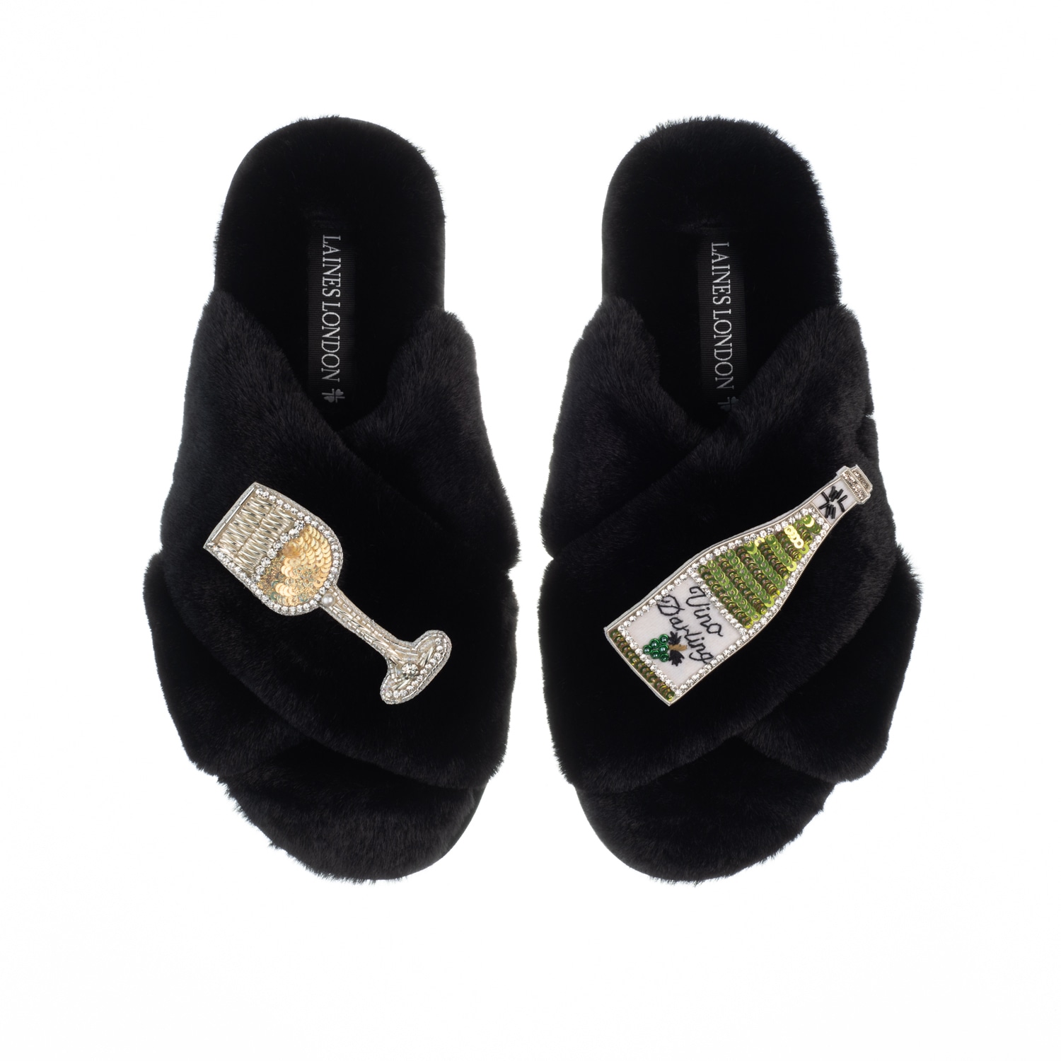 Women’s Classic Laines Slippers With Vino Darling Brooches - Black Medium Laines London