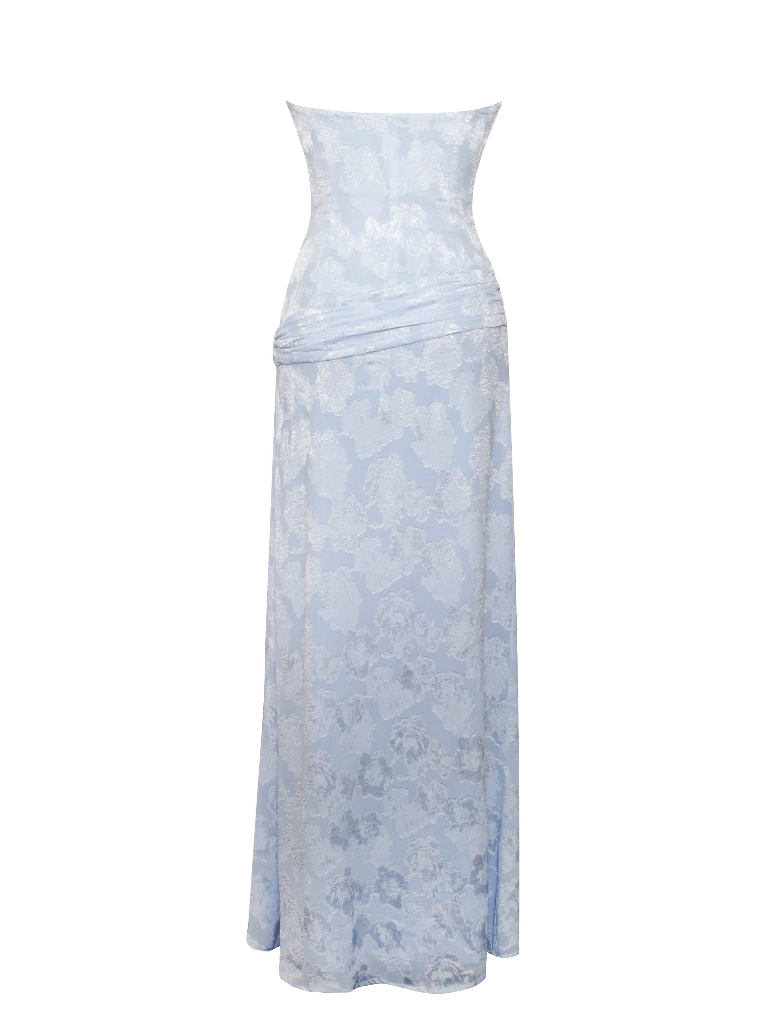 xatia off white jacquard textured high slit maxi dress Baby Blue | Miss Circle New York Engagement Ring