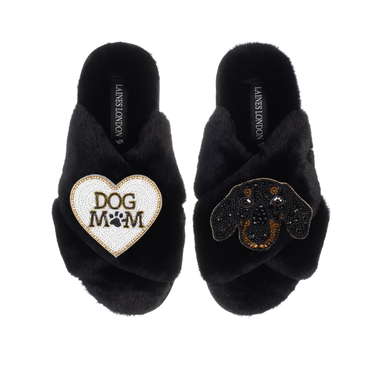 Women’s Classic Laines Slippers With Little Sausage & Dog Mum / Mom Brooches - Black Large Laines London