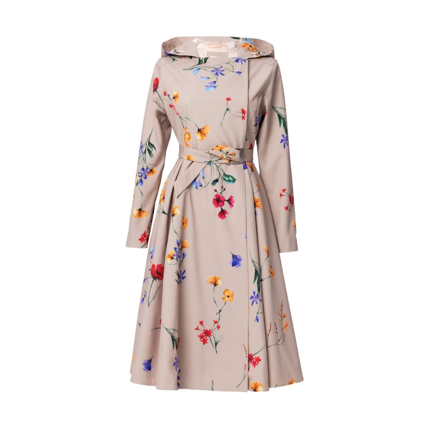 Beige Waterproof Trench Coat With Colourful Flower Print: Spring