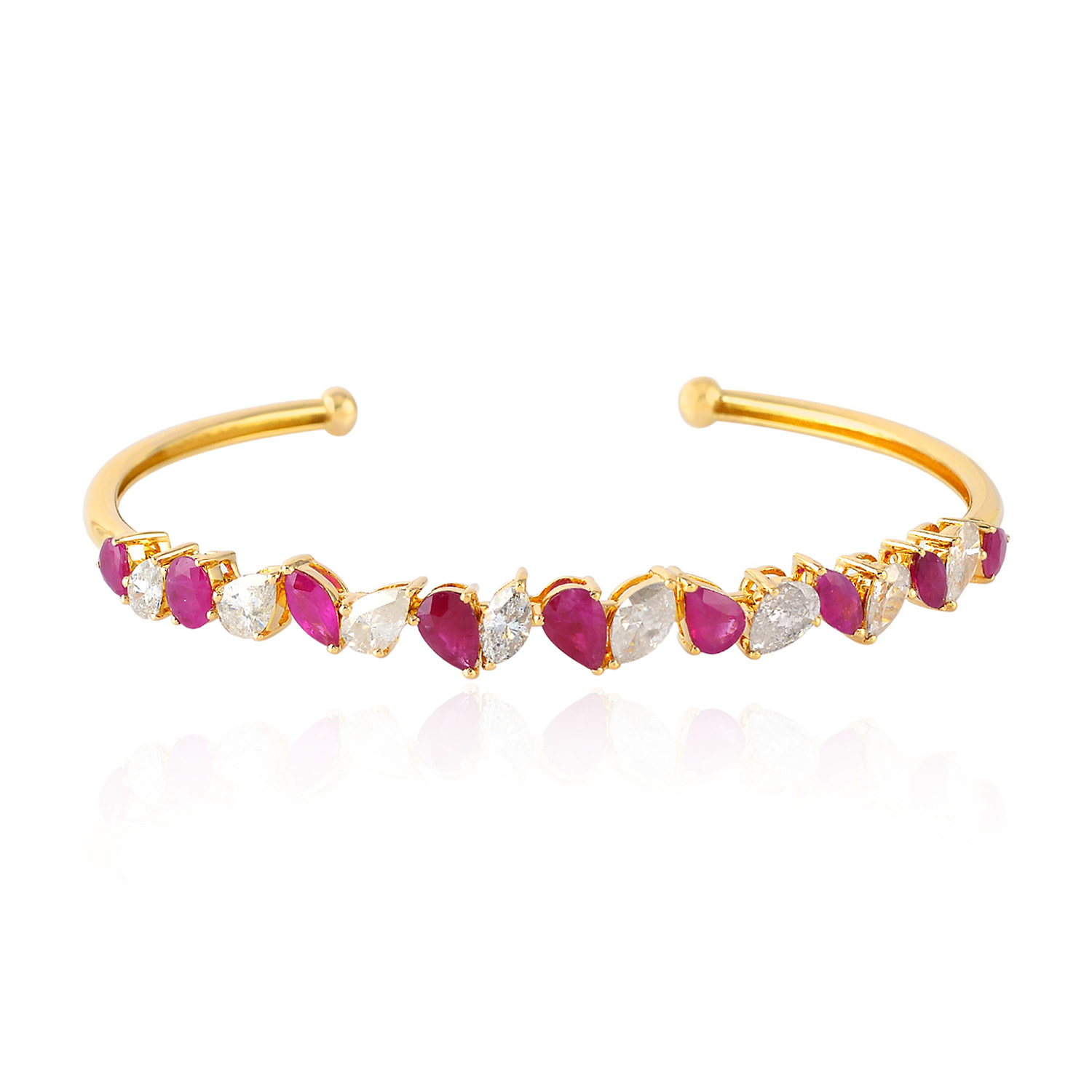 Women’s White / Gold / Red 18K Gold Natural Ruby & Diamond Cuff Bangle Handmade Jewelry Artisan