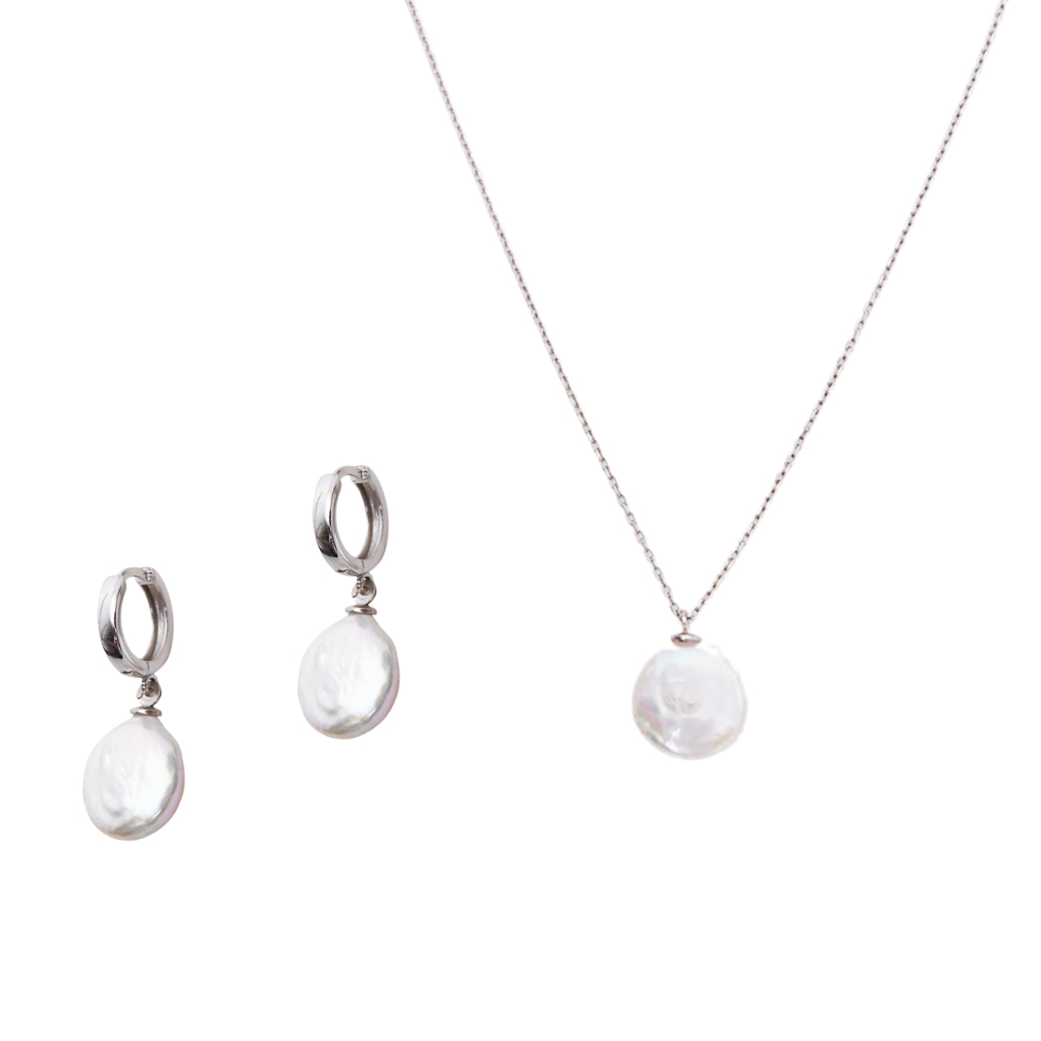 Women’s Baroque Flat Pearl Pendant Necklace & Earring Sterling Silver Set - Silver Spero London