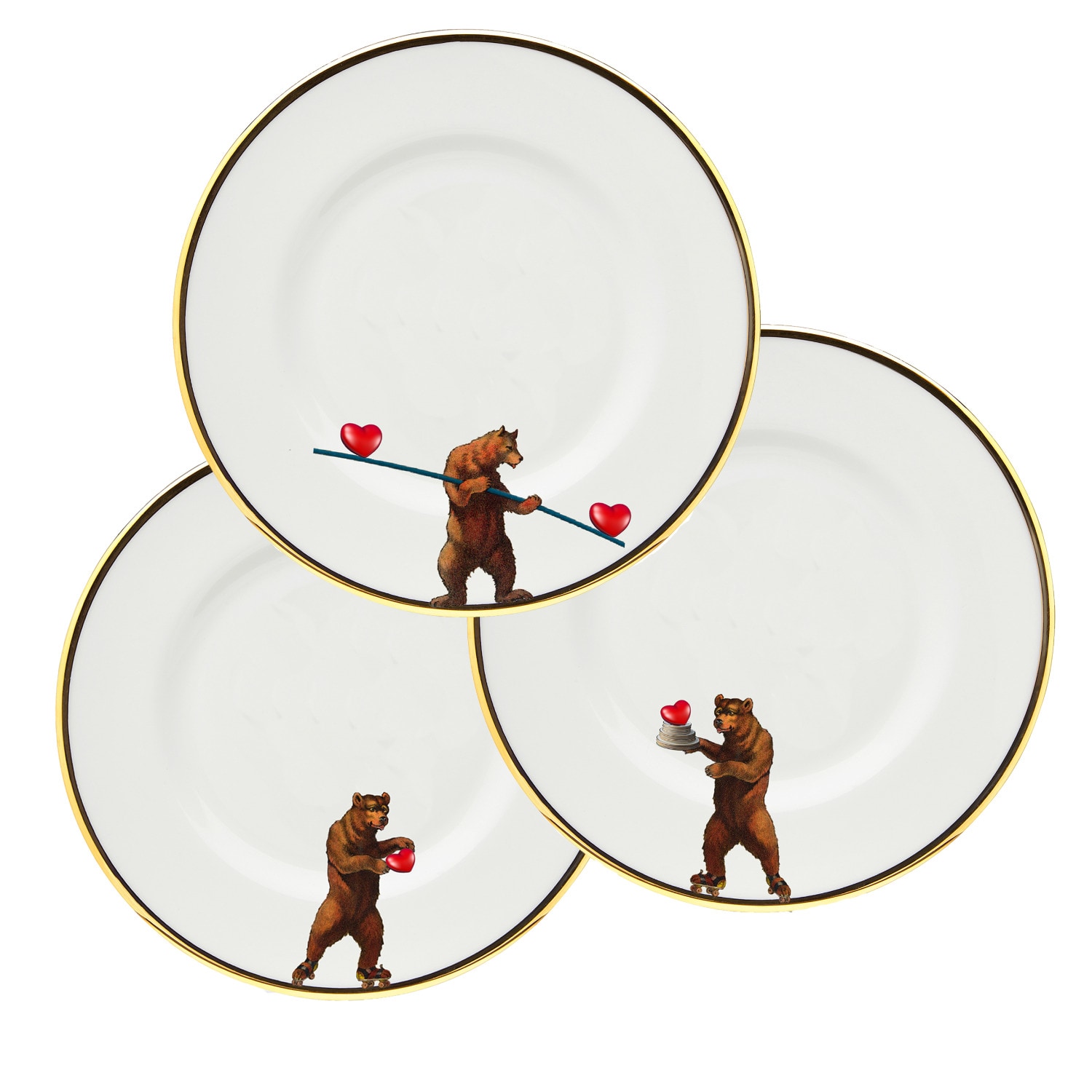 Melody Rose London Gold / White Bearing Love Set Of 3 Dessert Plates