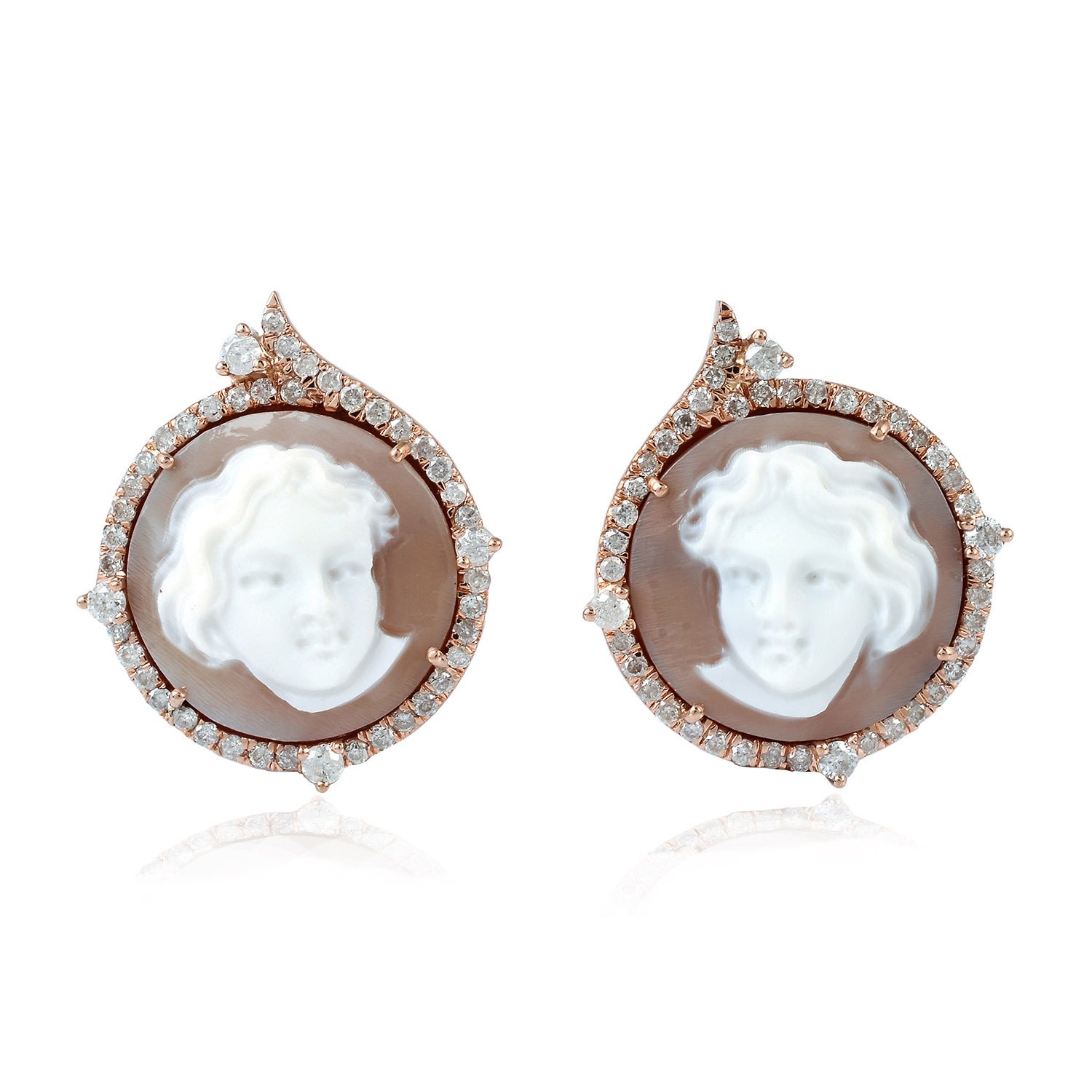 Artisan Women's Pink / White 18k Rose Gold Stud Earrings With Shell Cameos & Diamonds In Gold