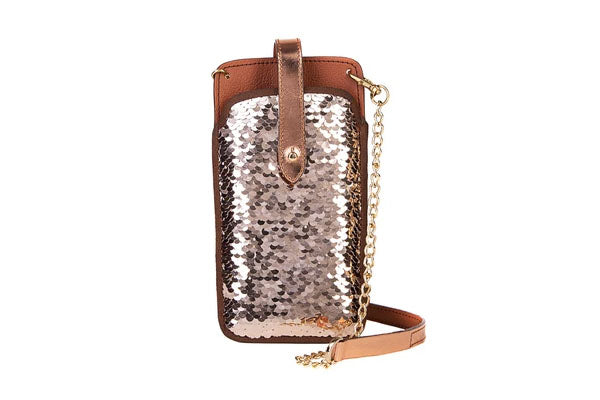 Maison Eli Sequin Phone & Coin Holder - Rose Gold Glitter In Rose Gold