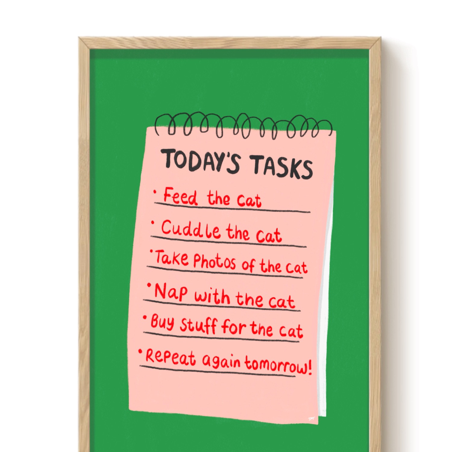 The Paper Tail Green / Red Today's Tasks - Funny Cat Print - A3 In Multi