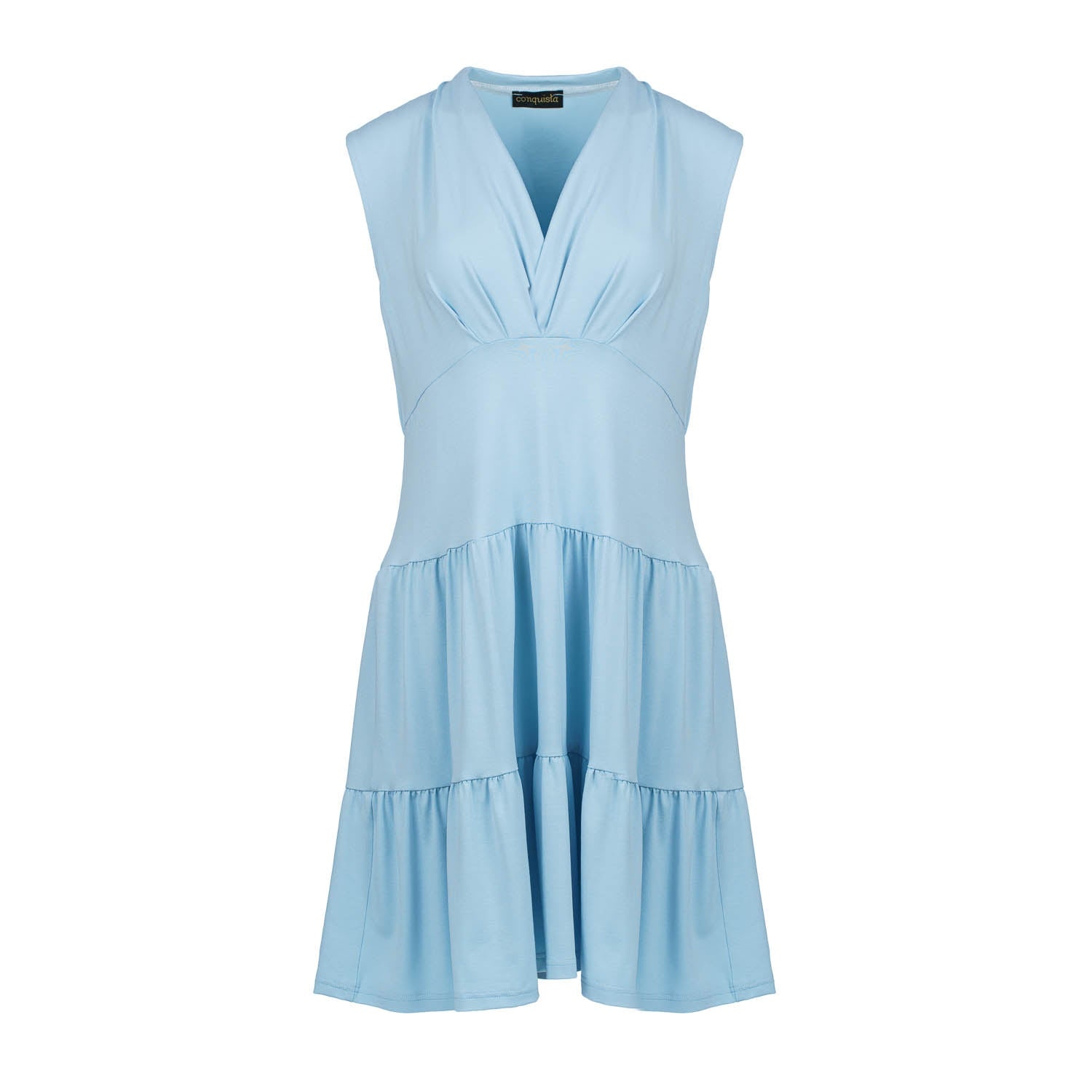 Conquista Women's Light Blue Sleeveless V-neck Jersey Dress – Loose Fit, Knee-length