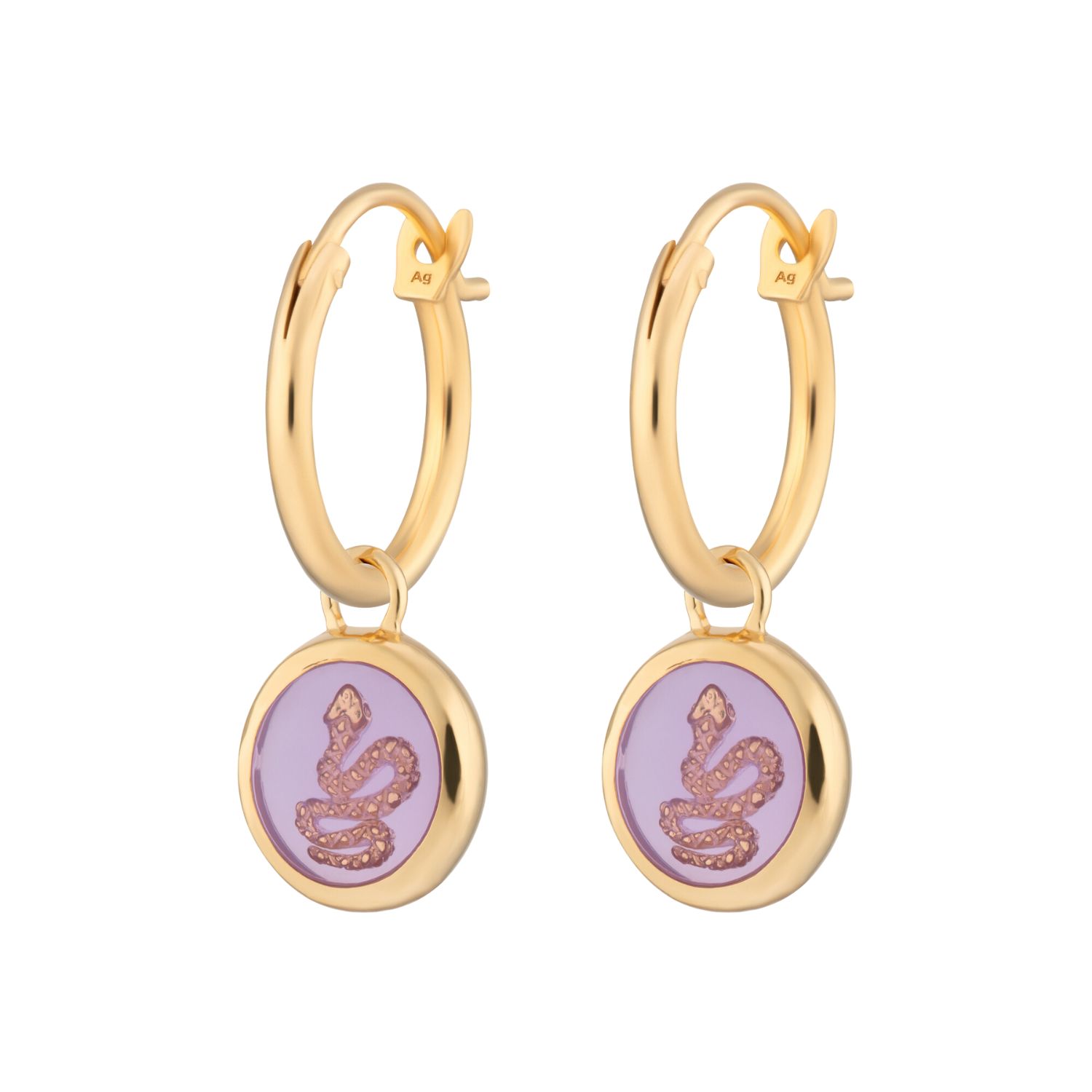 Women’s Gold / Pink / Purple Gold Plated Purple Snake Resin Charm Hoop Earrings Lily Charmed