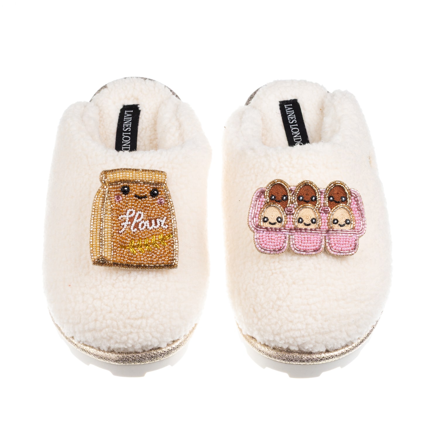 Laines London Women's Neutrals / White Teddy Closed Toe Slippers With Laines Lovables Flour & Eggs Brooches - Crea In White