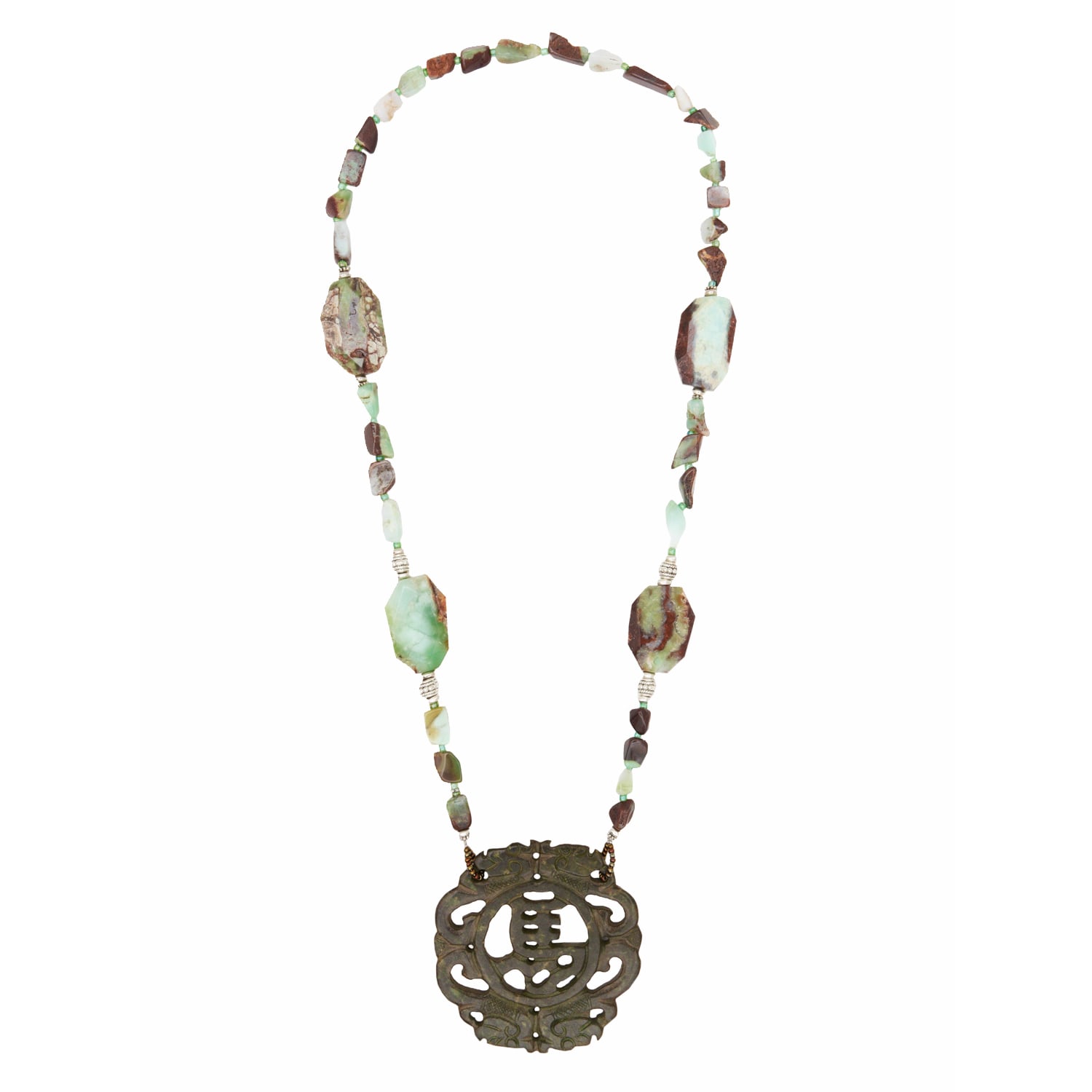 Bess Madrid Women's Green / Brown / Silver Satsuki Long Necklace In Jade & Chrysoprase