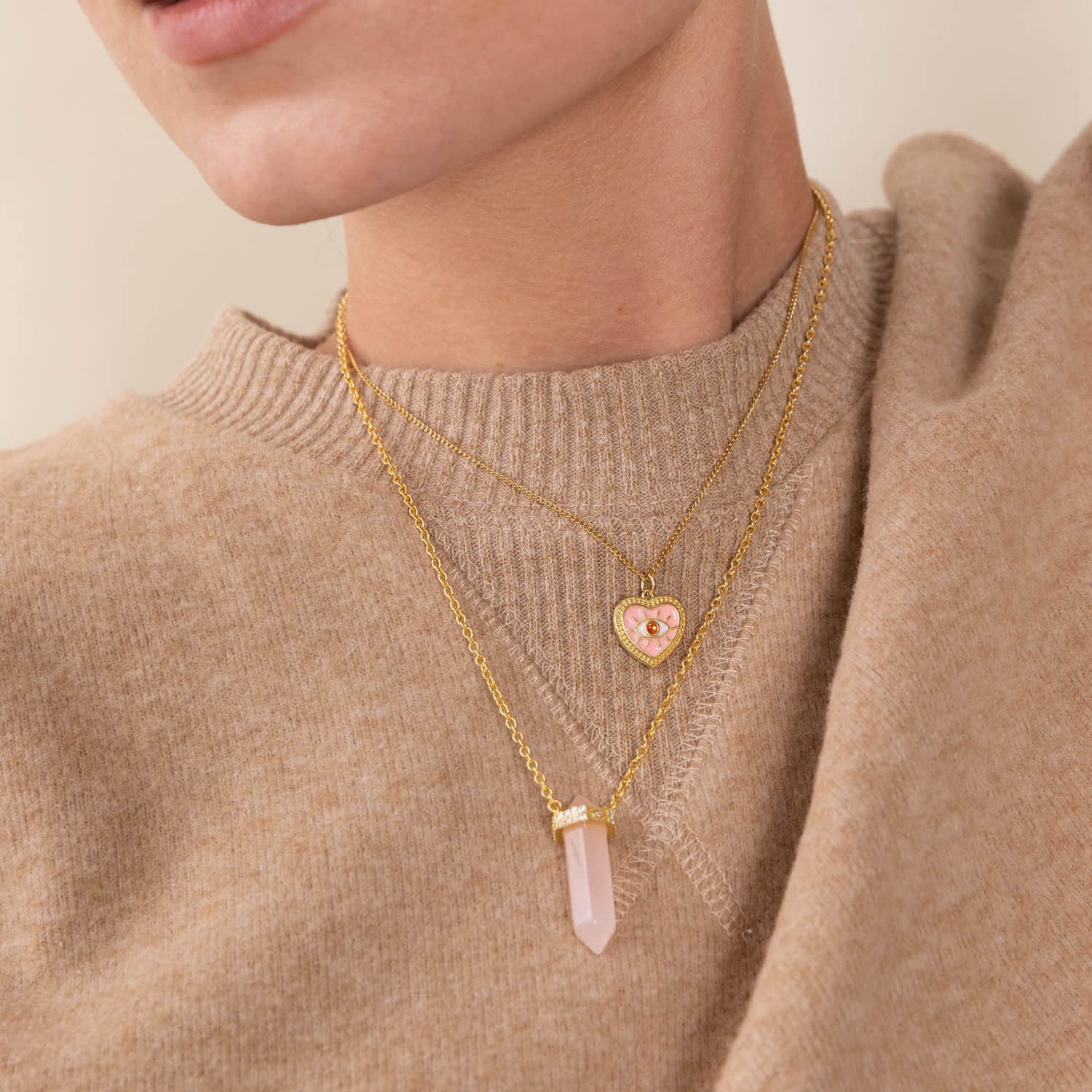 Rose Quartz Crystal Necklace With Engraved Evil Eye Detail