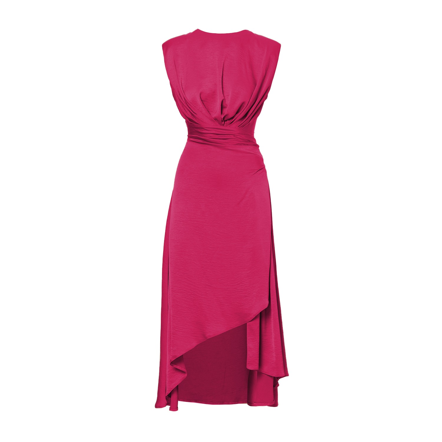 Midi Fuchsia Dress With Oversized Shoulders And Slit | BLUZAT 