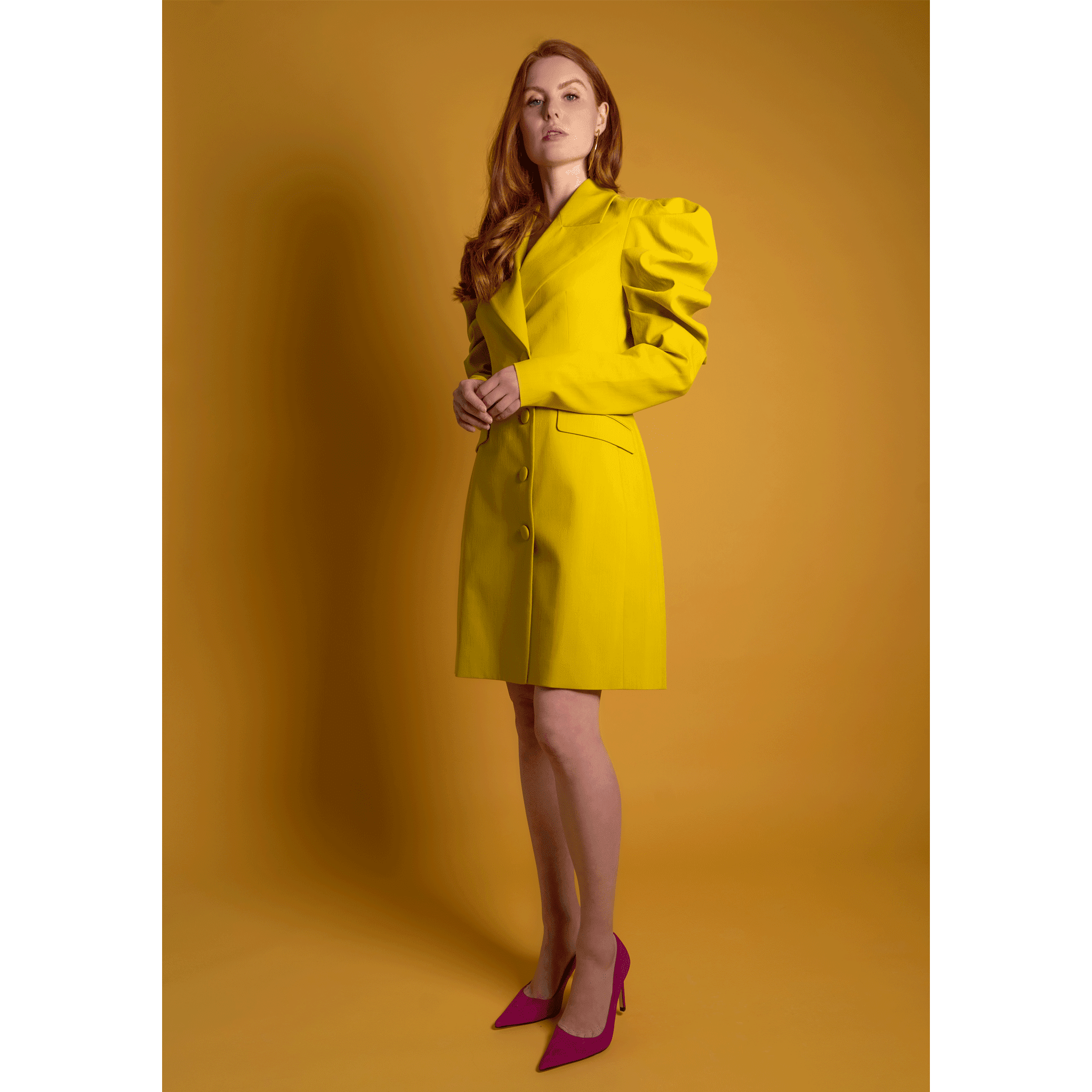 yellow blazer dress Indochino Women's Custom Mondovi Seersucker Soft Recycled Polyester98% Washing method Yellow Double-Breasted Blazer Dress |